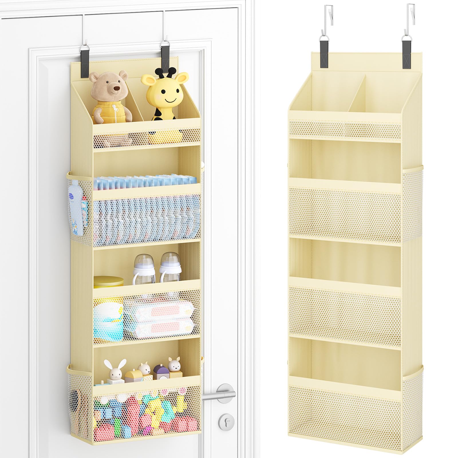 Lifewit 4 Tier Over the Door Diaper Organizer for Nursery, Large Heavy Duty Hanging Storage with 4 Mesh Side Pockets, Sturdy Bac