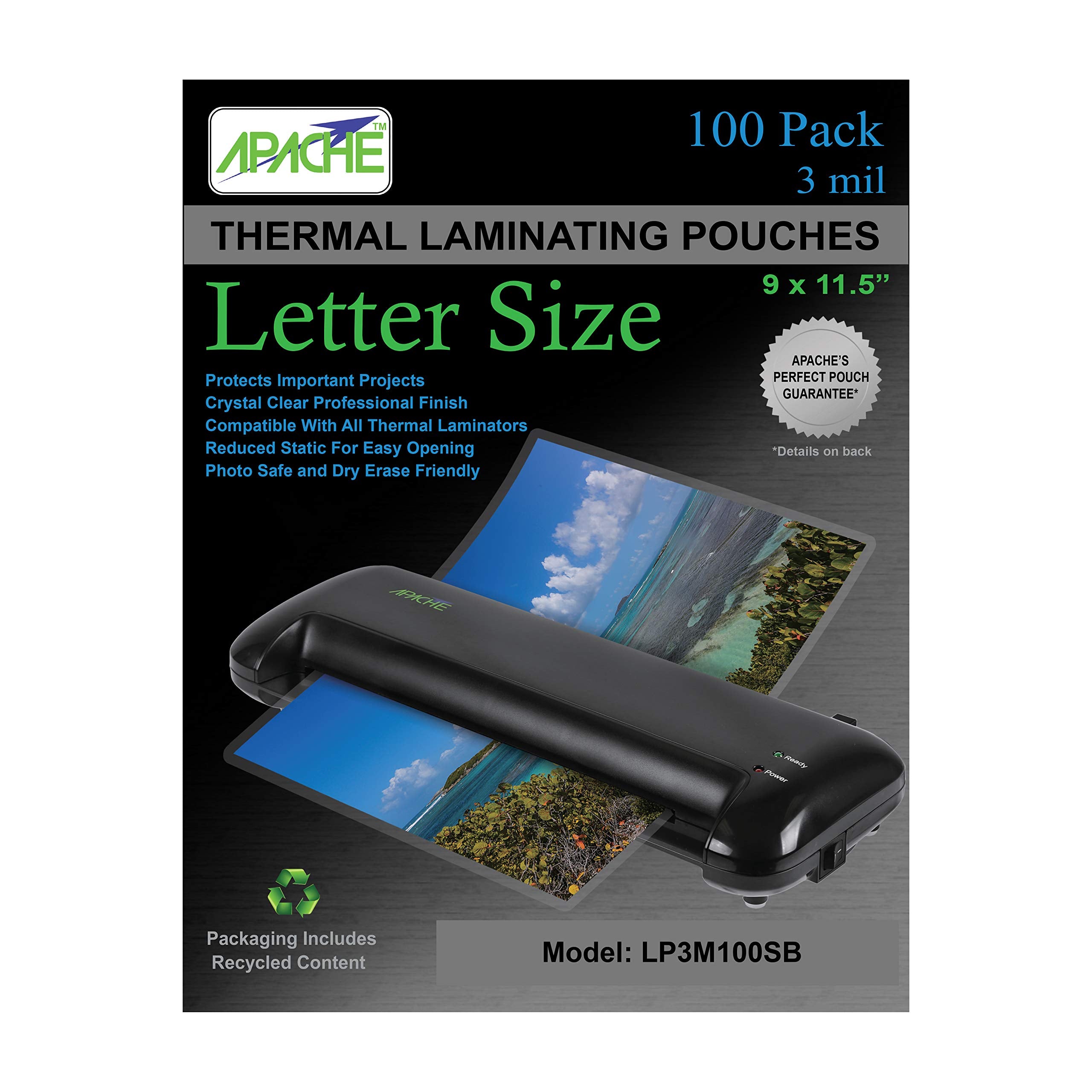Apache Laminating Pouches 3 Mil, For 8.5 X 11 Inch Letter Size Paper 9 X 11.5 Inch Sheets, 100 Pack