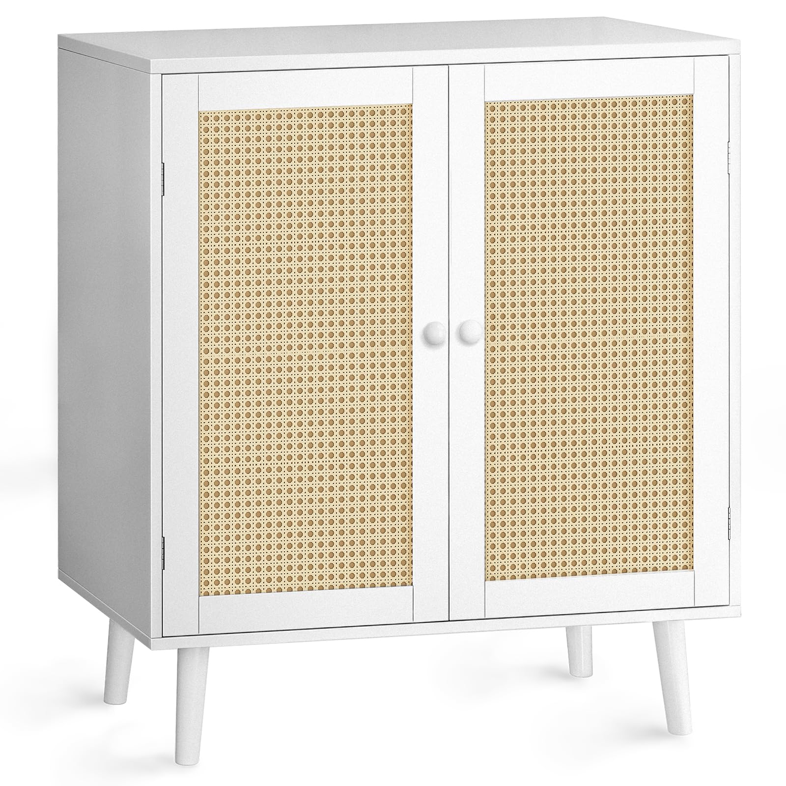 Huuger Buffet Cabinet With Storage, Storage Cabinet With Pe Rattan Decor Doors, Accent Cabinet With Solid Wood Feet, Sideboard Cabinet For Hallway, Entry, Living Room, White