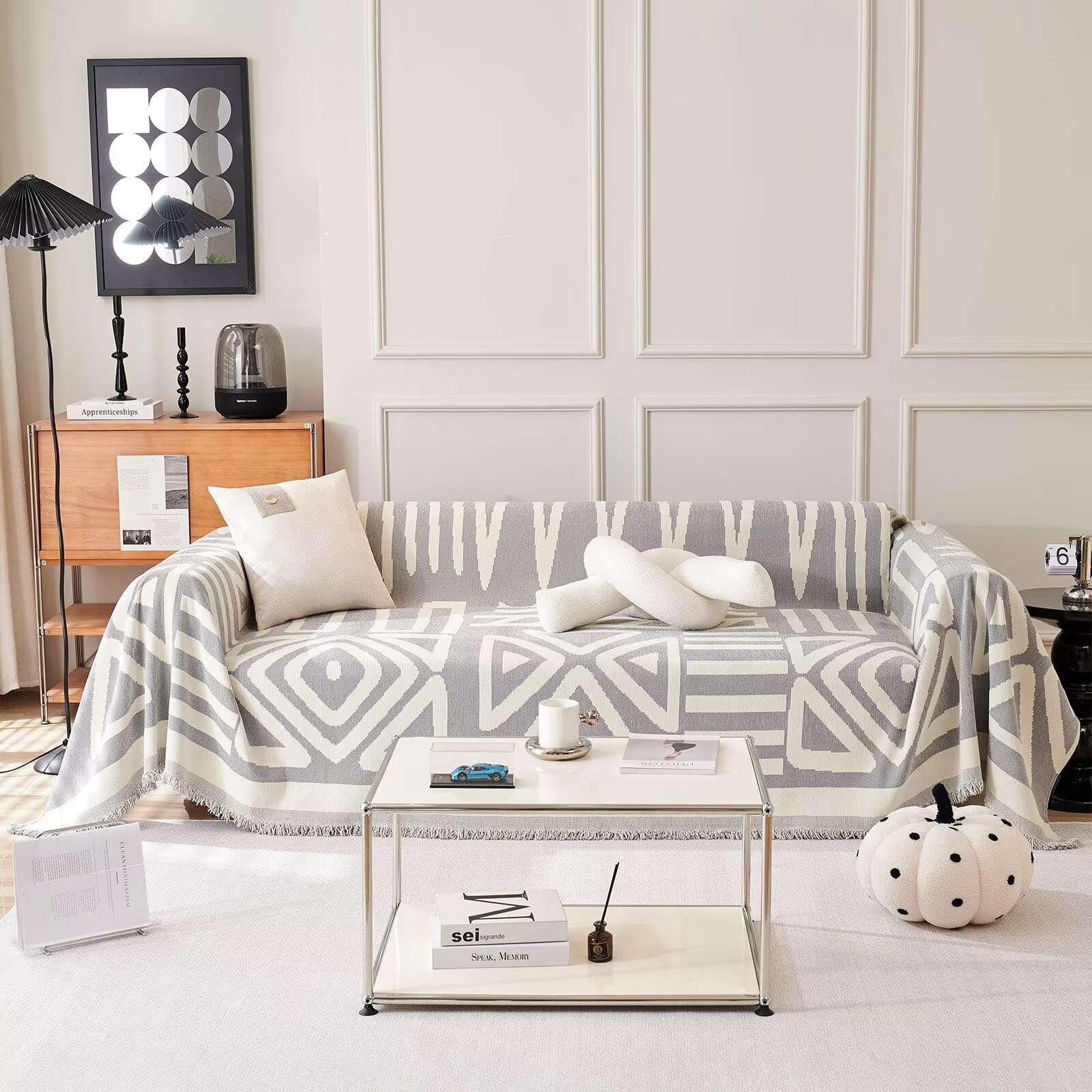 Vclife Boho Armchair Slipcover Grey Cream White Plaid Triangle Sofa Cover Thick Chenille Couch Cover For 1 Cushion Couch Sofa Ov