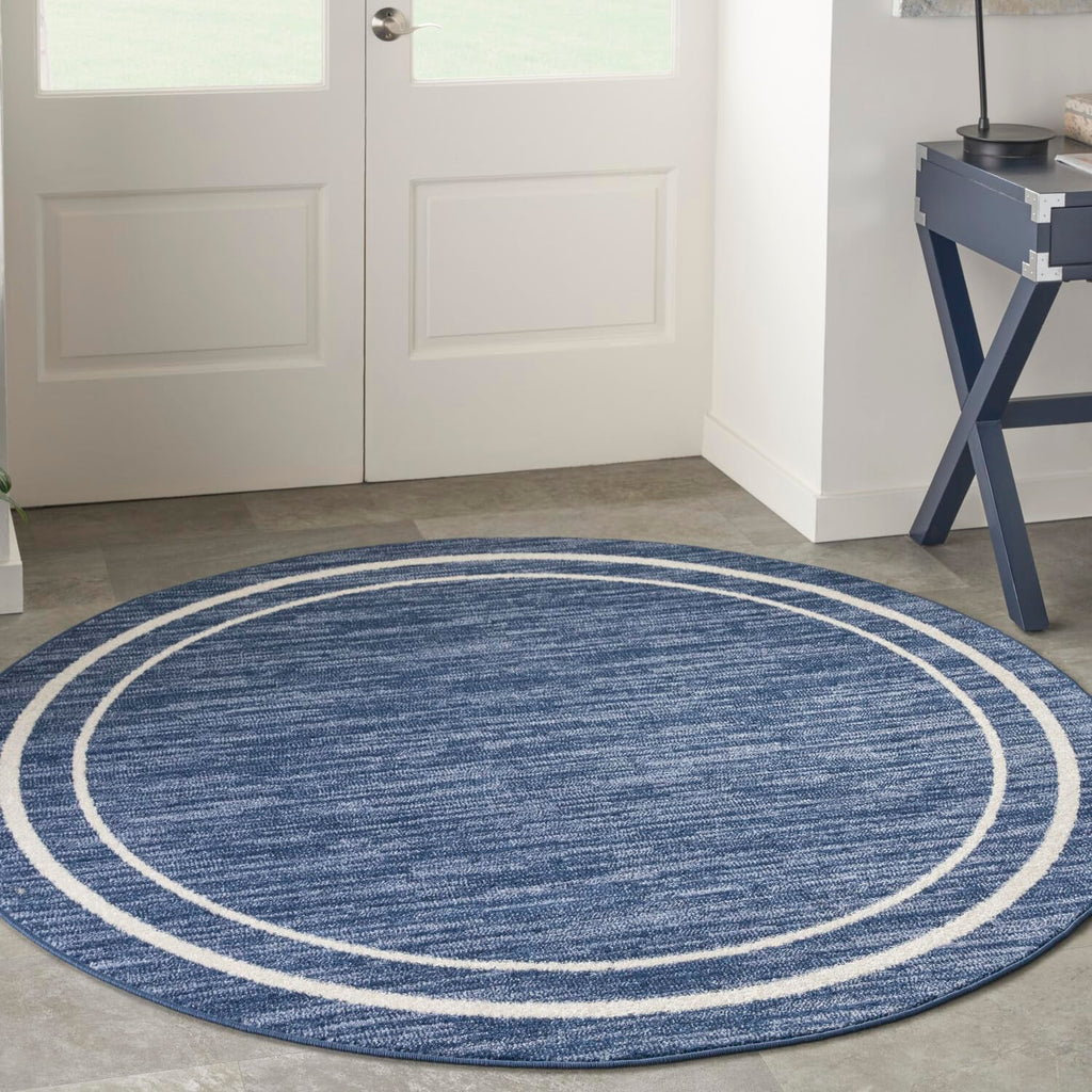 Nourison Essentials Indoor/Outdoor Navy/Ivory 6' X Round Area -Rug, Easy -Cleaning, Non Shedding, Bed Room, Living Room, Dining
