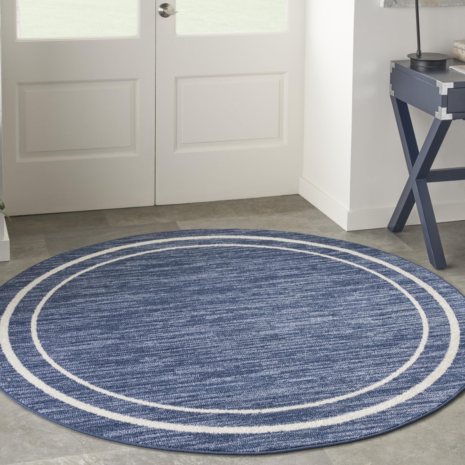 Nourison Essentials Indoor/Outdoor Navy/Ivory 6' X Round Area -Rug, Easy -Cleaning, Non Shedding, Bed Room, Living Room, Dining