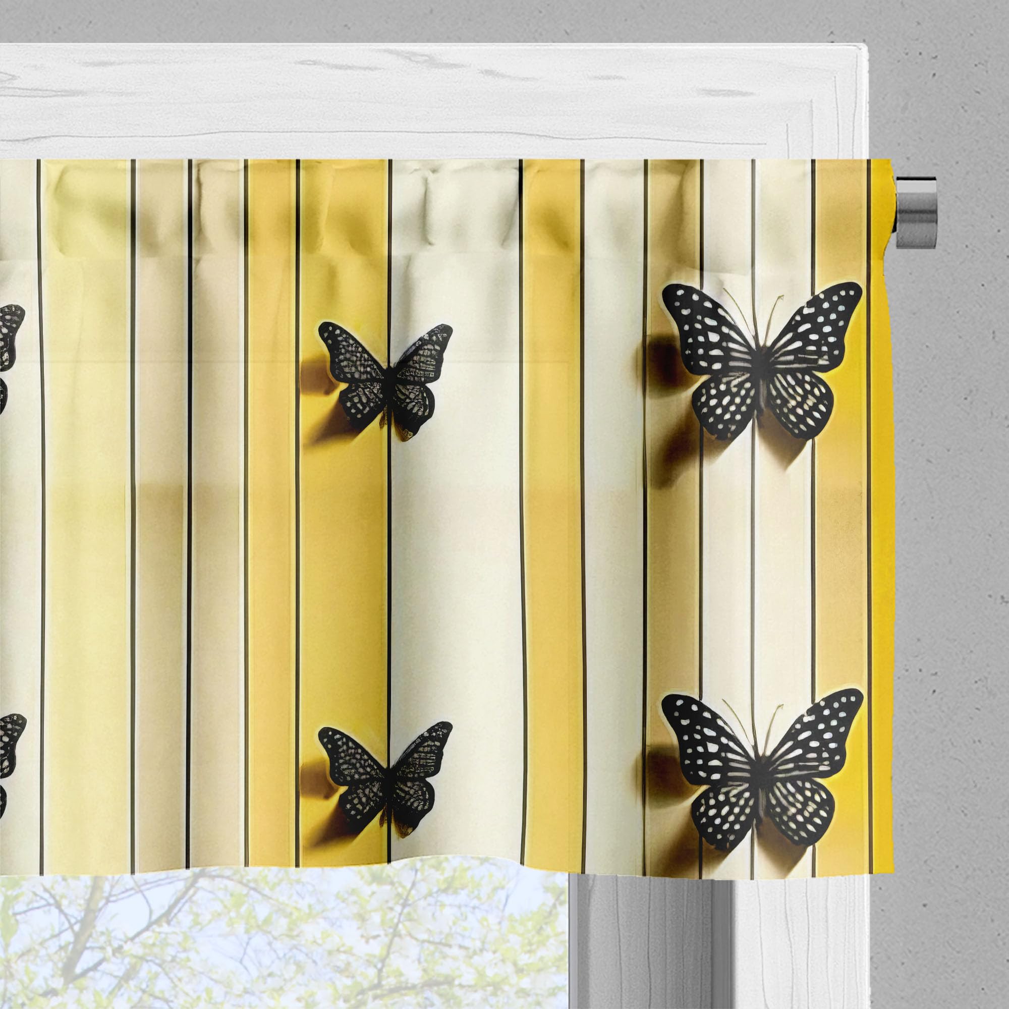Ambesonne Butterfly Window Valance Pack Of 2, Summer Tone Lines Wingy Animals With Faded Effect Print Country Vibe, Rod Pocket Curtain Valances Kitchen Bedroom, 54' X 12',Yellow Reseda Green Beige