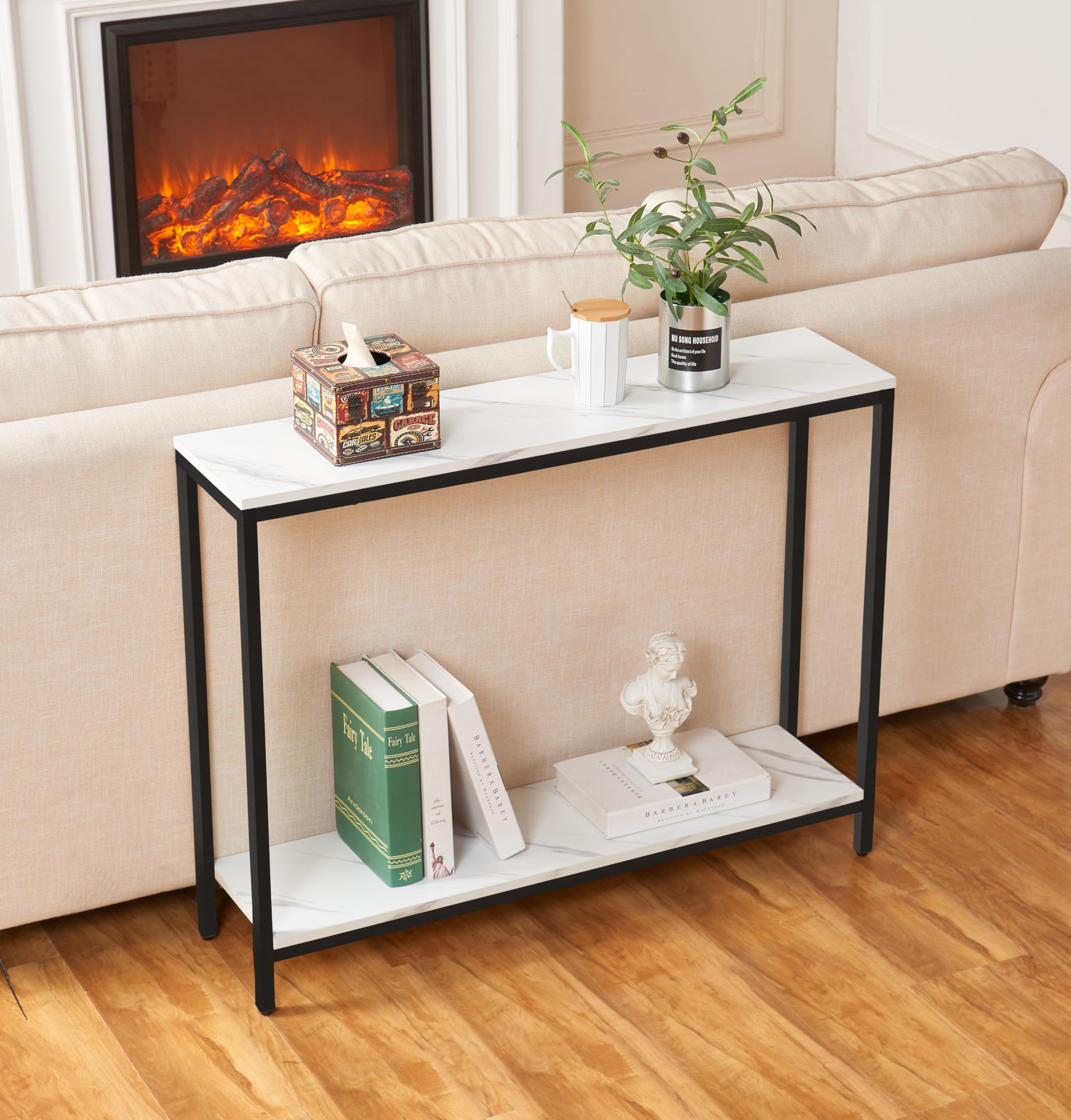 Loglus Console Table For Entryway, Faux Marble Mdf Sofa Table With Golden Frame (Double Layer, Black Frame)