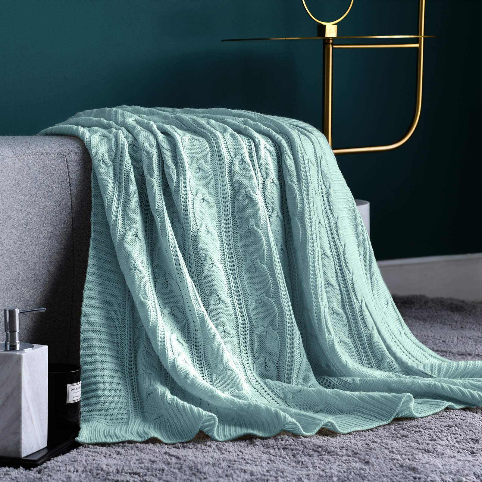 Jinchan Cable Knit Throw Blanket For Couch Lightweight Soft Cozy Twin Size Throw Blanket Teal Decorative Throws For Modern Farmh