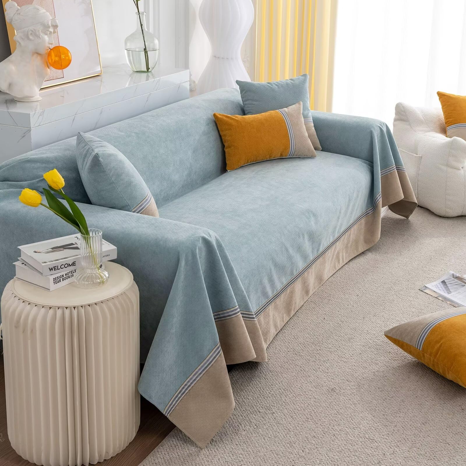 French Terry Couch Cover Water Resistant Simple Greyish Blue Beige Patchwork Sofa Slipcover Non Slip Breathable Sectional Couch