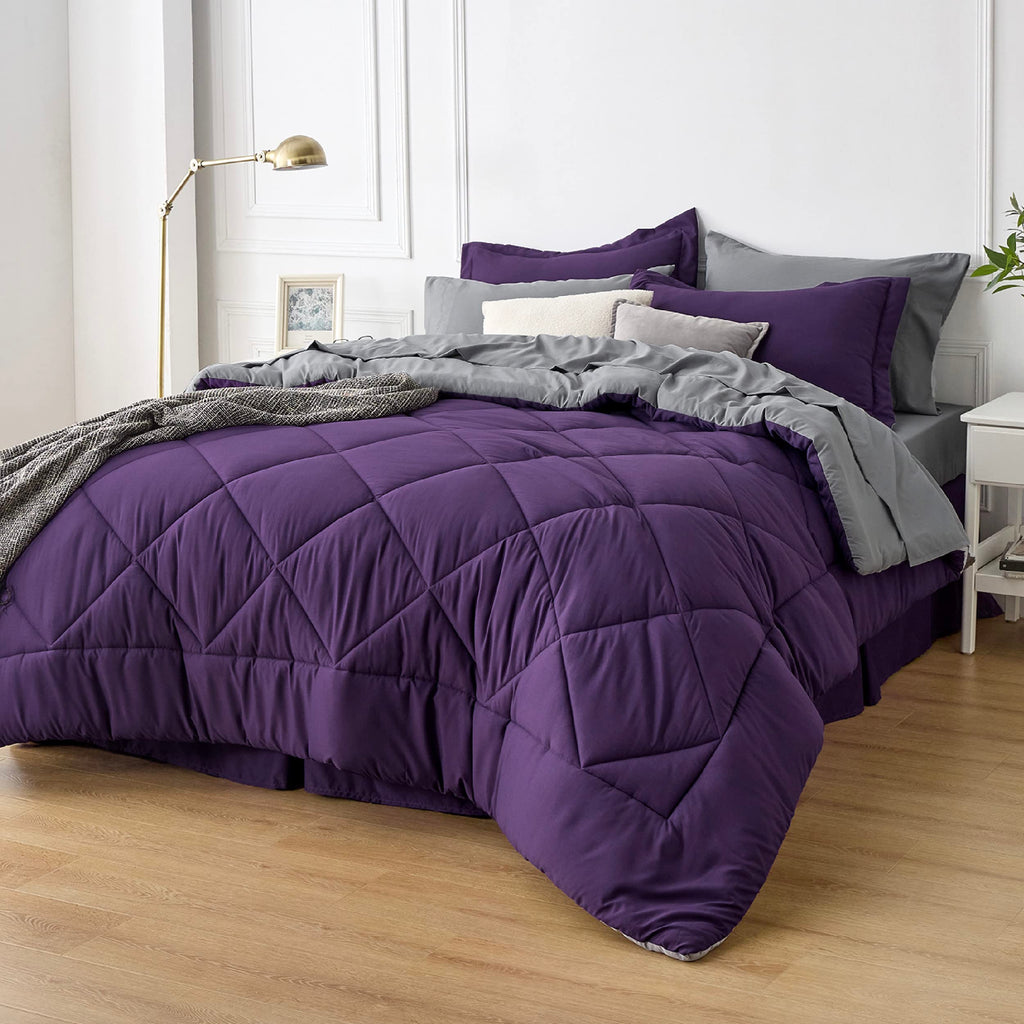 Bedsure Purple King Comforter Set - 7 Pieces Reversible Bed Set Bed In A Bag King With Comforters, Sheets, Pillowcases & Shams,
