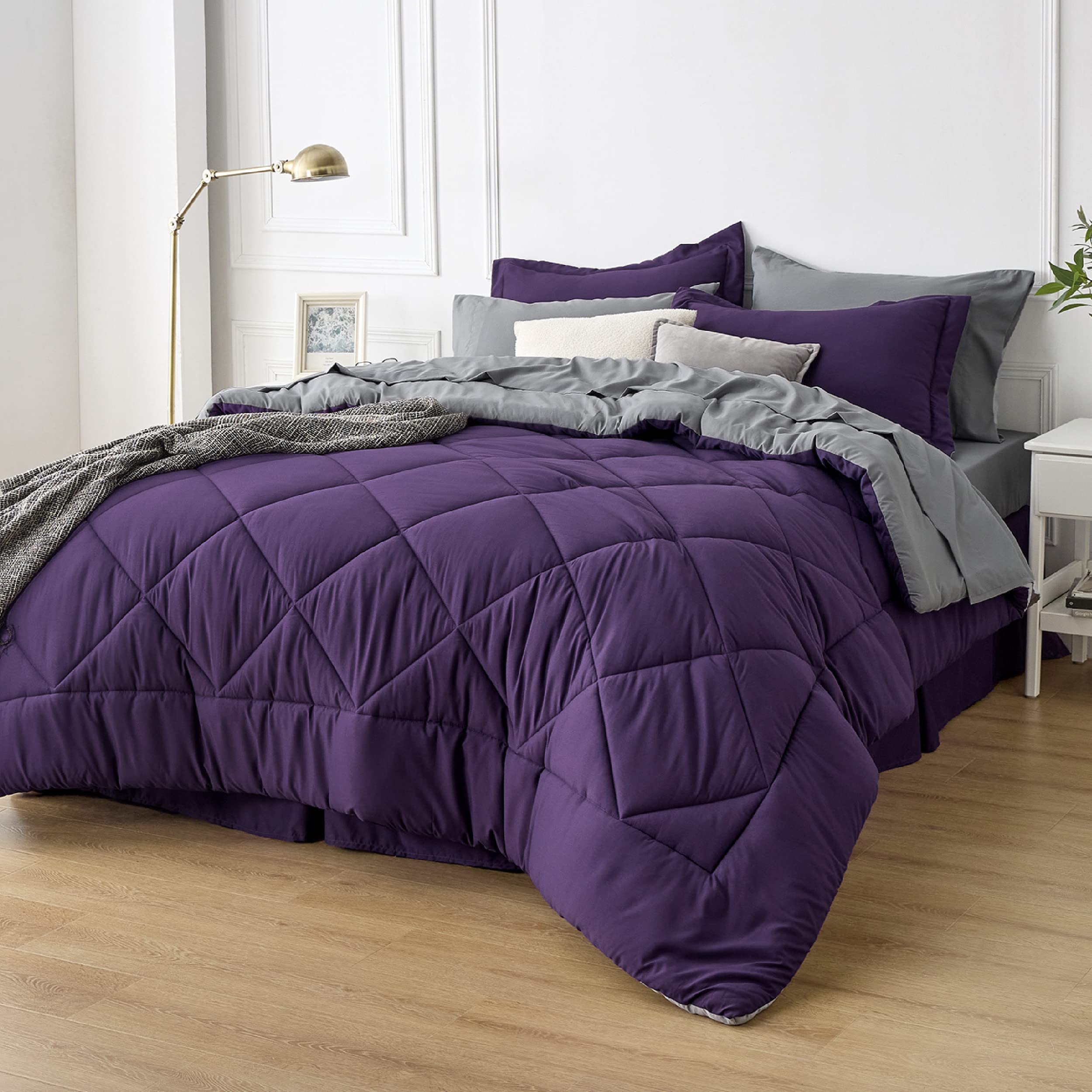 Bedsure Purple Queen Comforter Set - 7 Pieces Reversible Bed Set Bed In A Bag Queen With Comforters, Sheets, Pillowcases & Shams