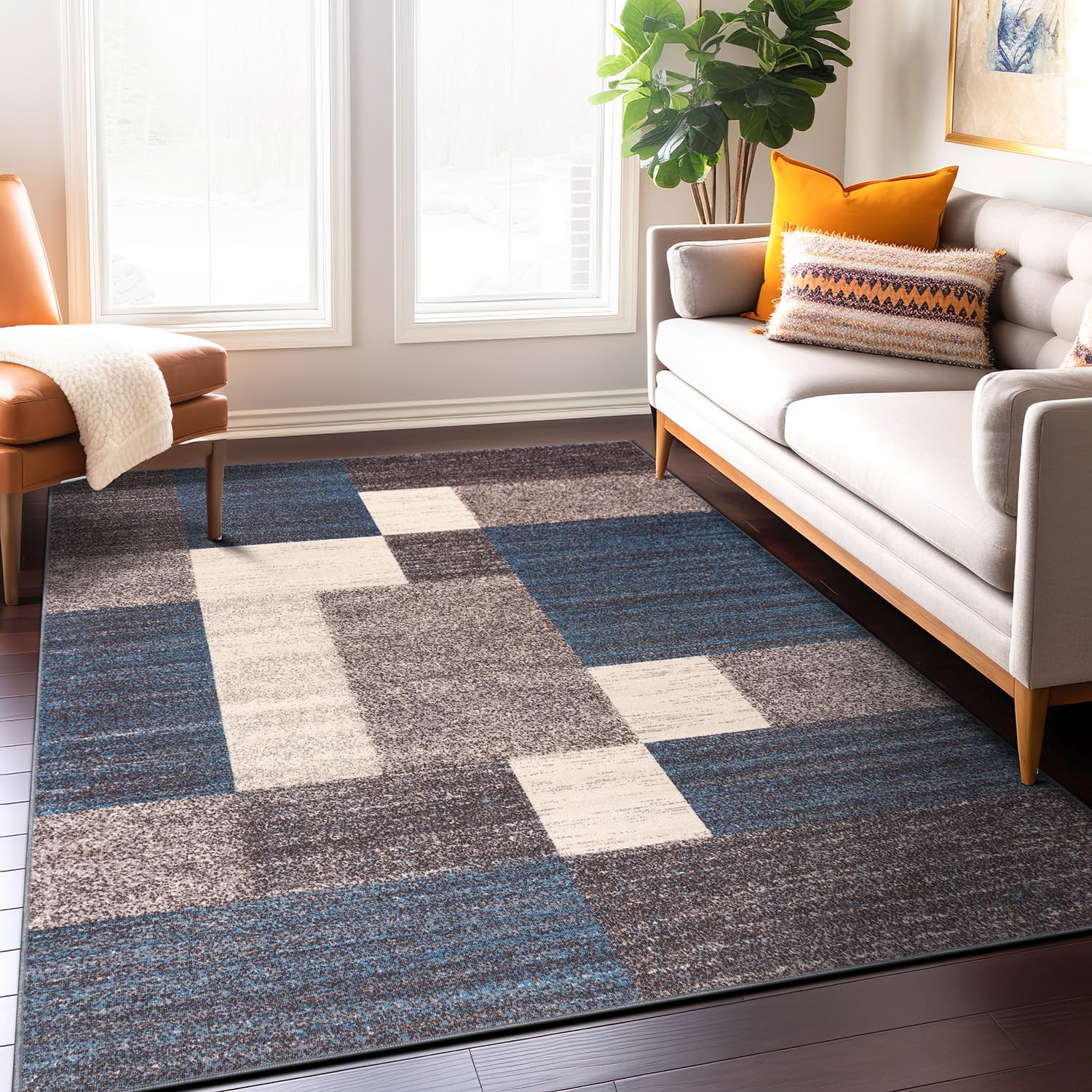 Rugshop Contemporary Blue Boxes Design Non-Slip Area Rug 5 x 7 - Trendy Geometric Pattern