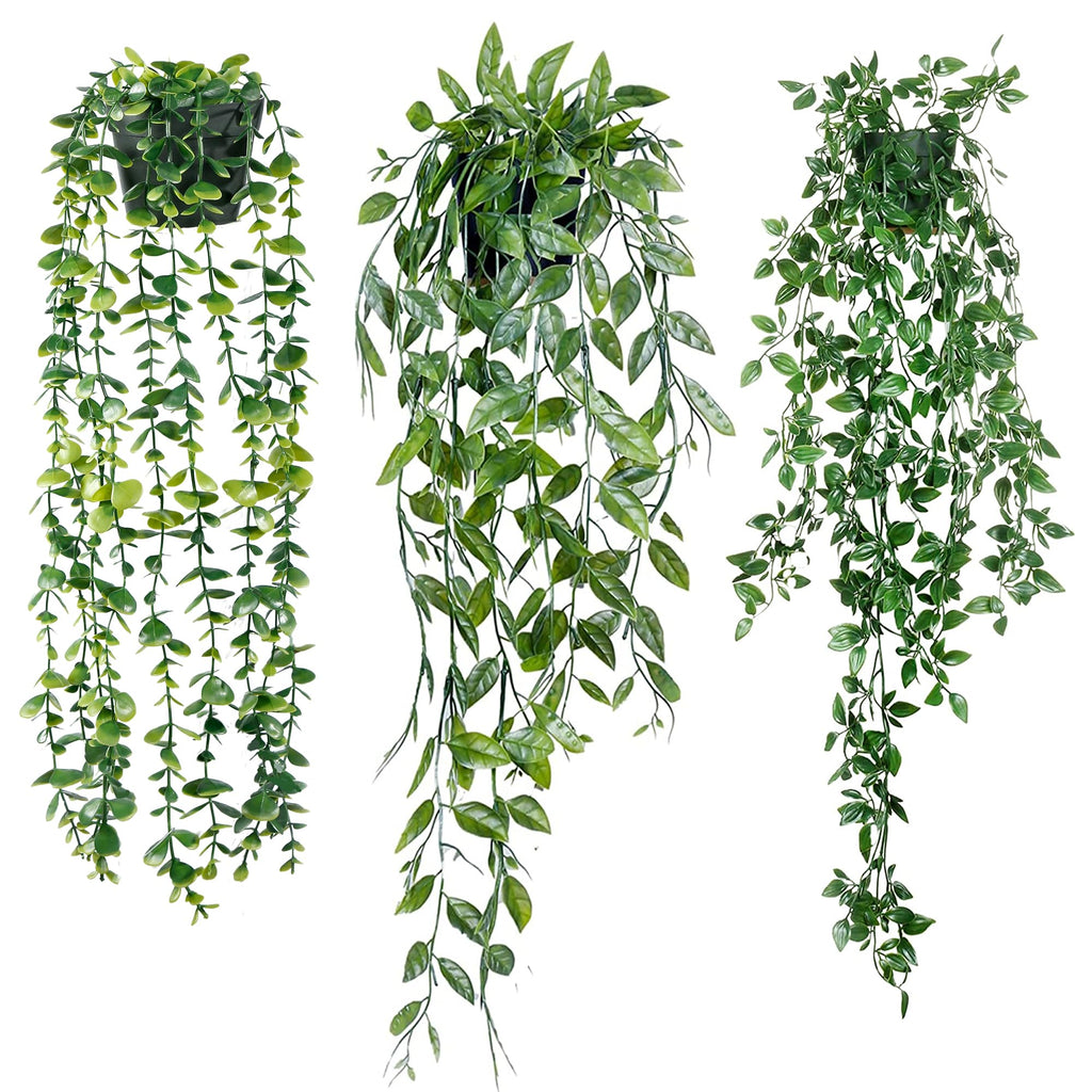 Sggvecsy Fake Hanging Plants 3 Pack Artificial Eucalyptus Fake Potted Greenery Faux Eucalyptus Mandala Vine Pea Pod for Home Ind