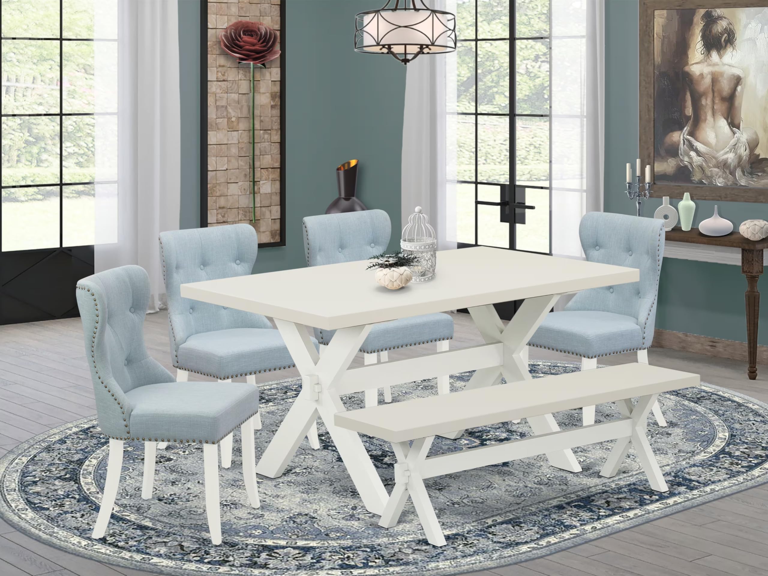 East West Furniture X026Si215-6 6 Piece Modern Dining Table Set Contains A Rectangle Wooden Table And 4 Baby Blue Linen Fabric Upholstered Chairs With A Bench, 36X60 Inch, Multi-Color