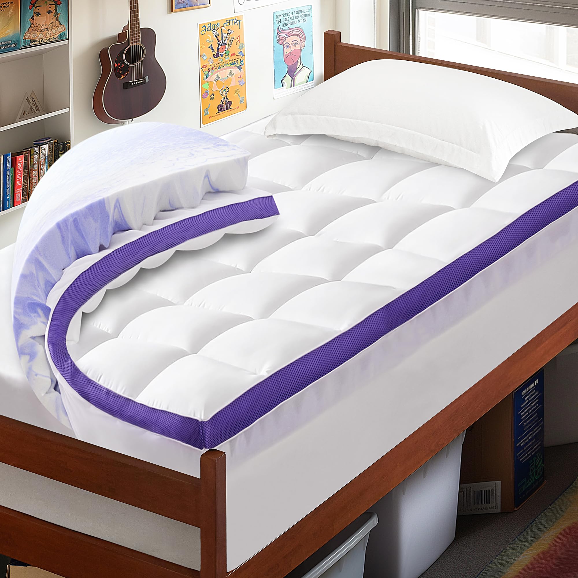 ChiXpace Dual Layer Memory Foam Twin XL Mattress Topper - 2 Inch Gel Egg Crate Foam and 2 Inch Cooling Pillow Top Cover Rayon, T