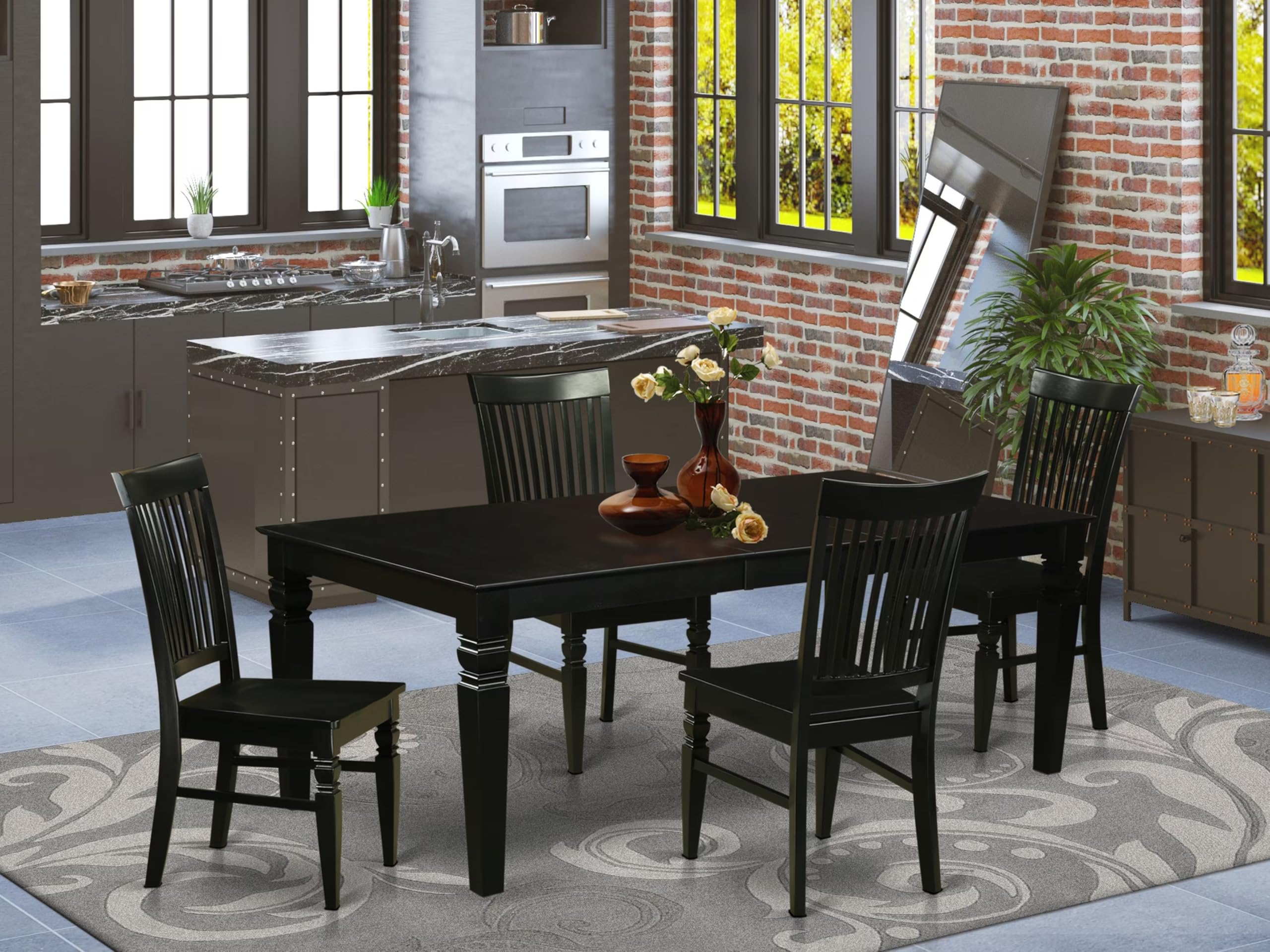 East West Furniture LGWE5-BLK-W 5 Piece Modern Dining Table Set Includes a Rectangle Wooden Table with Butterfly Leaf and 4 Kitchen Dining Chairs, 42x84 Inch, Black