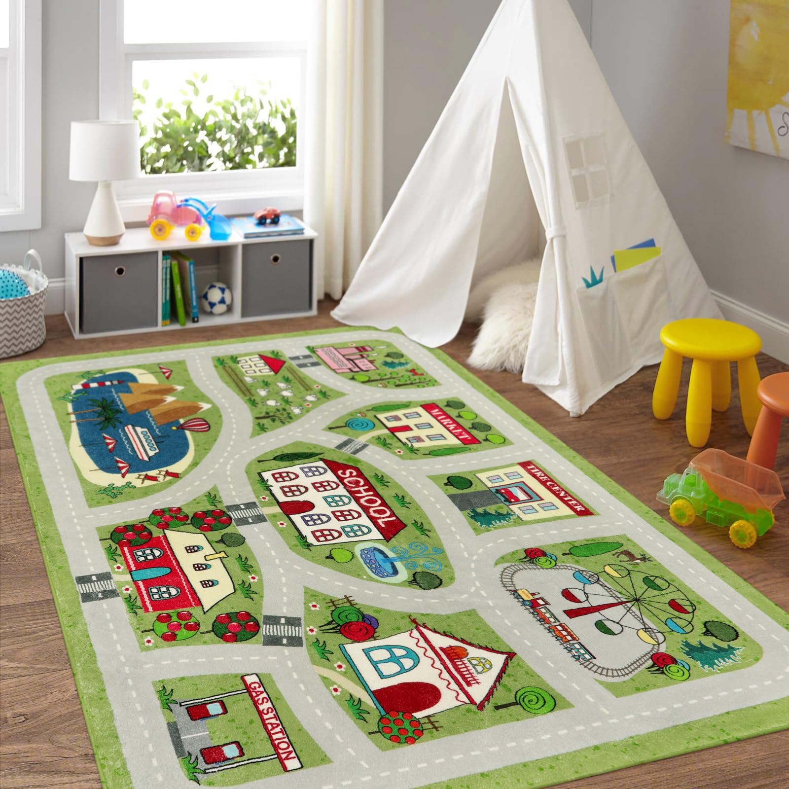 Livebox Green Kids Playroom Rug, 5'X7' Washable Road Rug For Kids Room, Non-Slip Soft Car Rug Play Mat For Baby Nursery, Large C