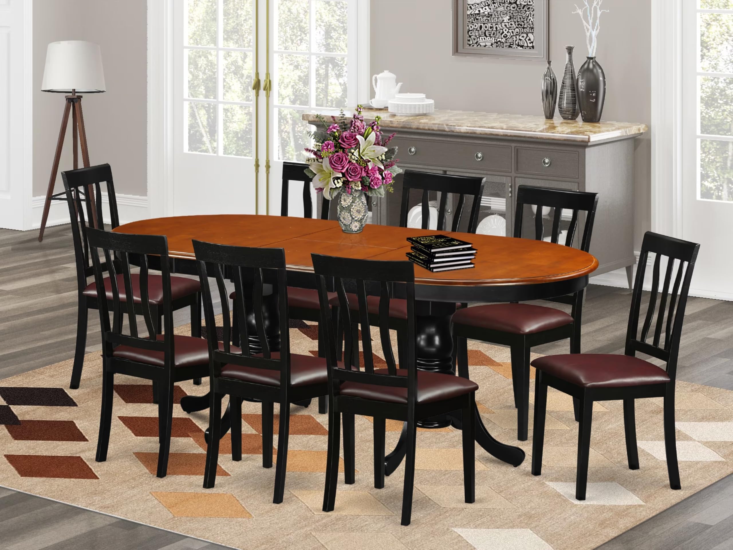 East West Furniture PLAN9-BCH-LC 9 Piece Dining Room Table Set Includes an Oval Kitchen Table with Butterfly Leaf and 8 Faux Leather Upholstered Dining Chairs, 42x78 Inch, Black & Cherry