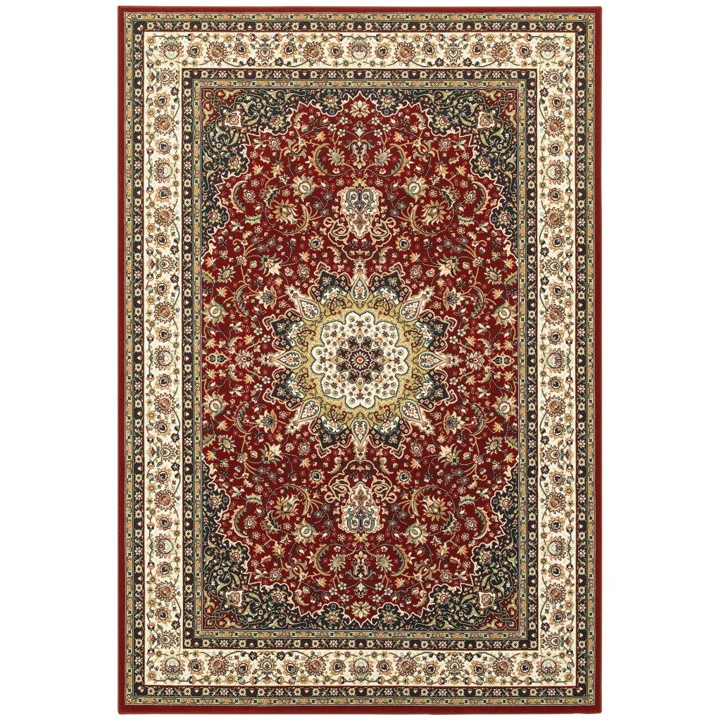 HomeRoots Polypropylene 3' x 6' Red Ivory Machine Woven Oriental Indoor Area Rug