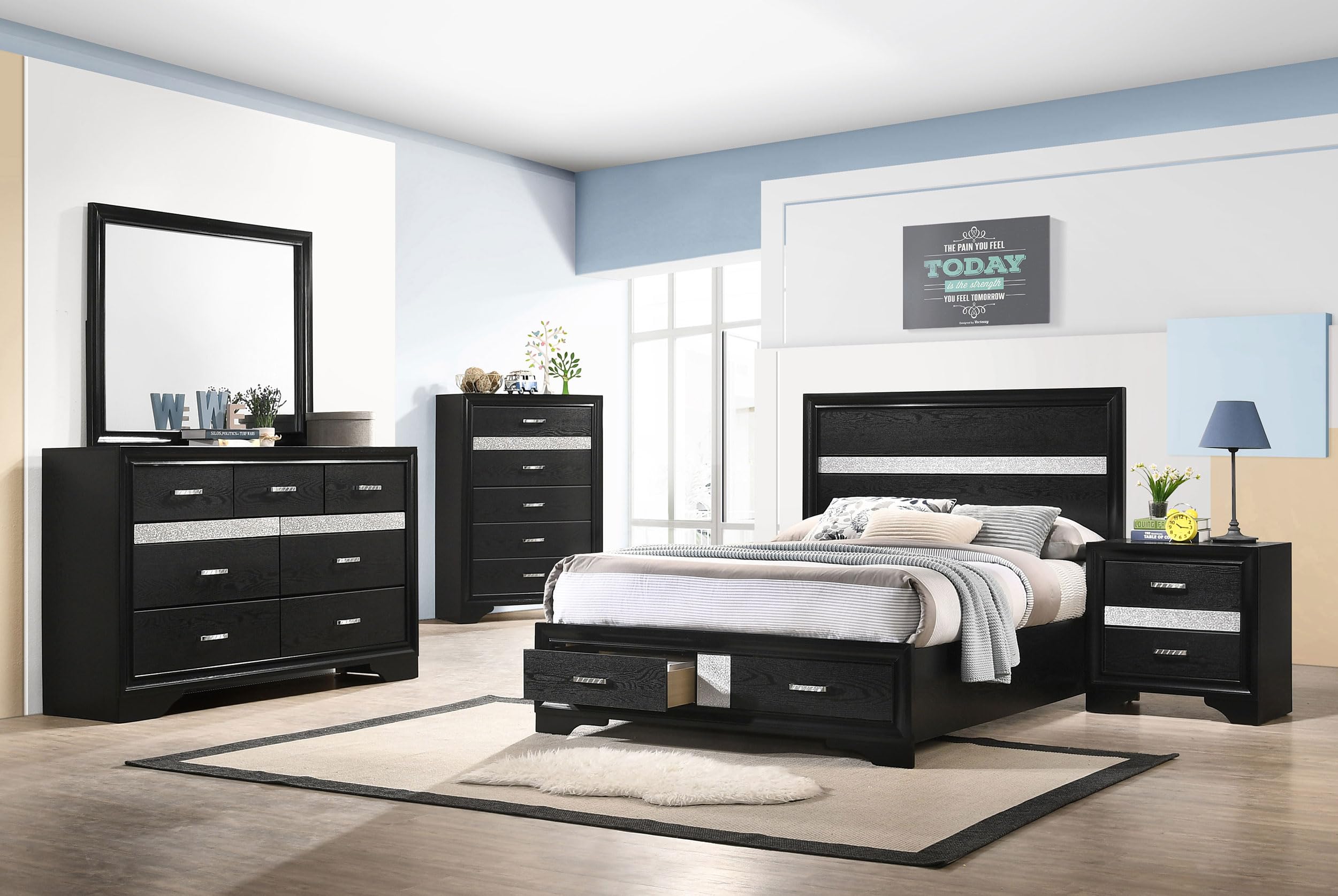 Coaster Home Furnishings Miranda Contemporary 5-Piece Bedroom Set Full Size Storage Panel Bed Frame 50-inch Headboard Black 206361F-S5