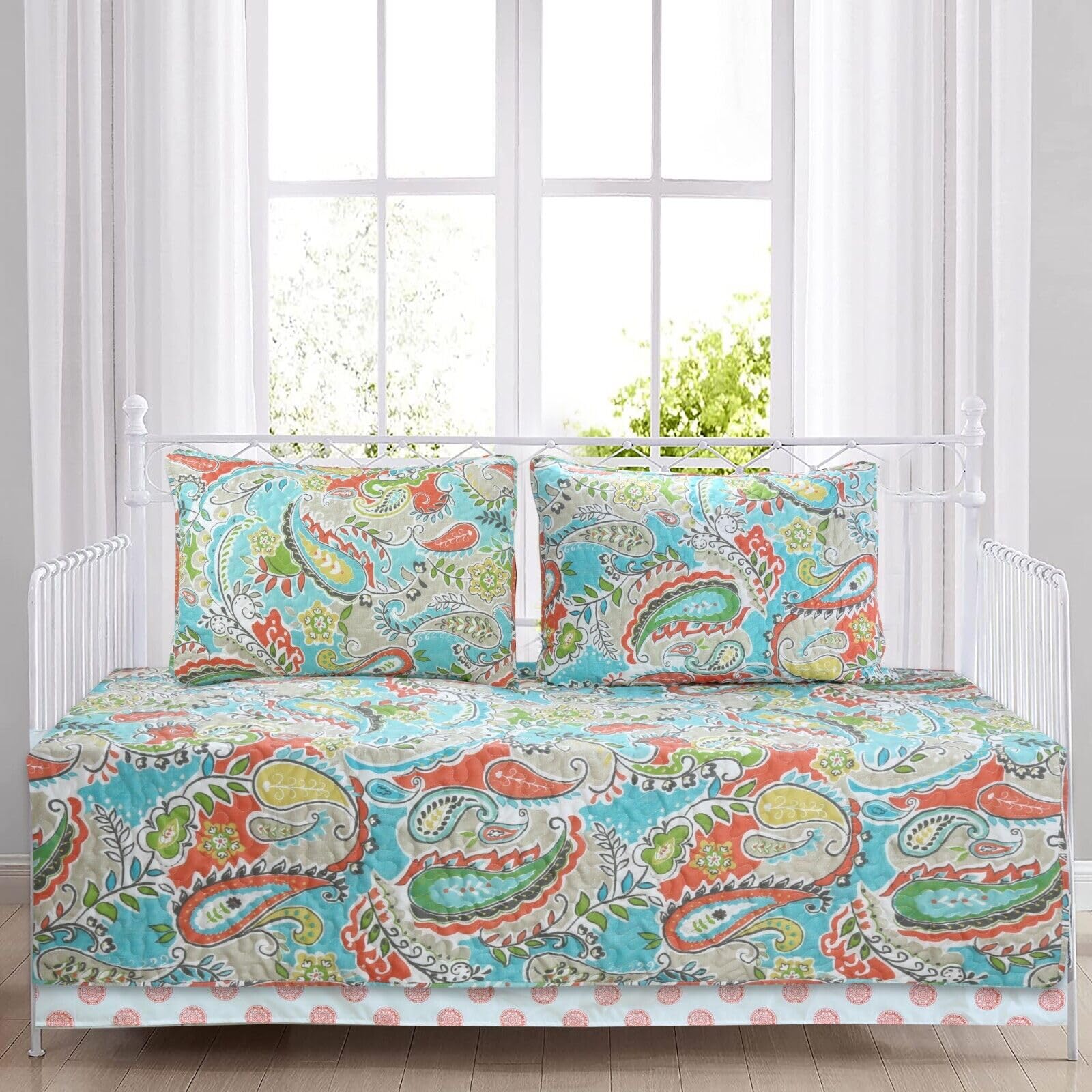 Cozy Line 4 Piece Daybed Cover Set - Mirage Paisley Turquoise Blue Coral Floral Leaf Reversible All Season Luxury Bedding With B
