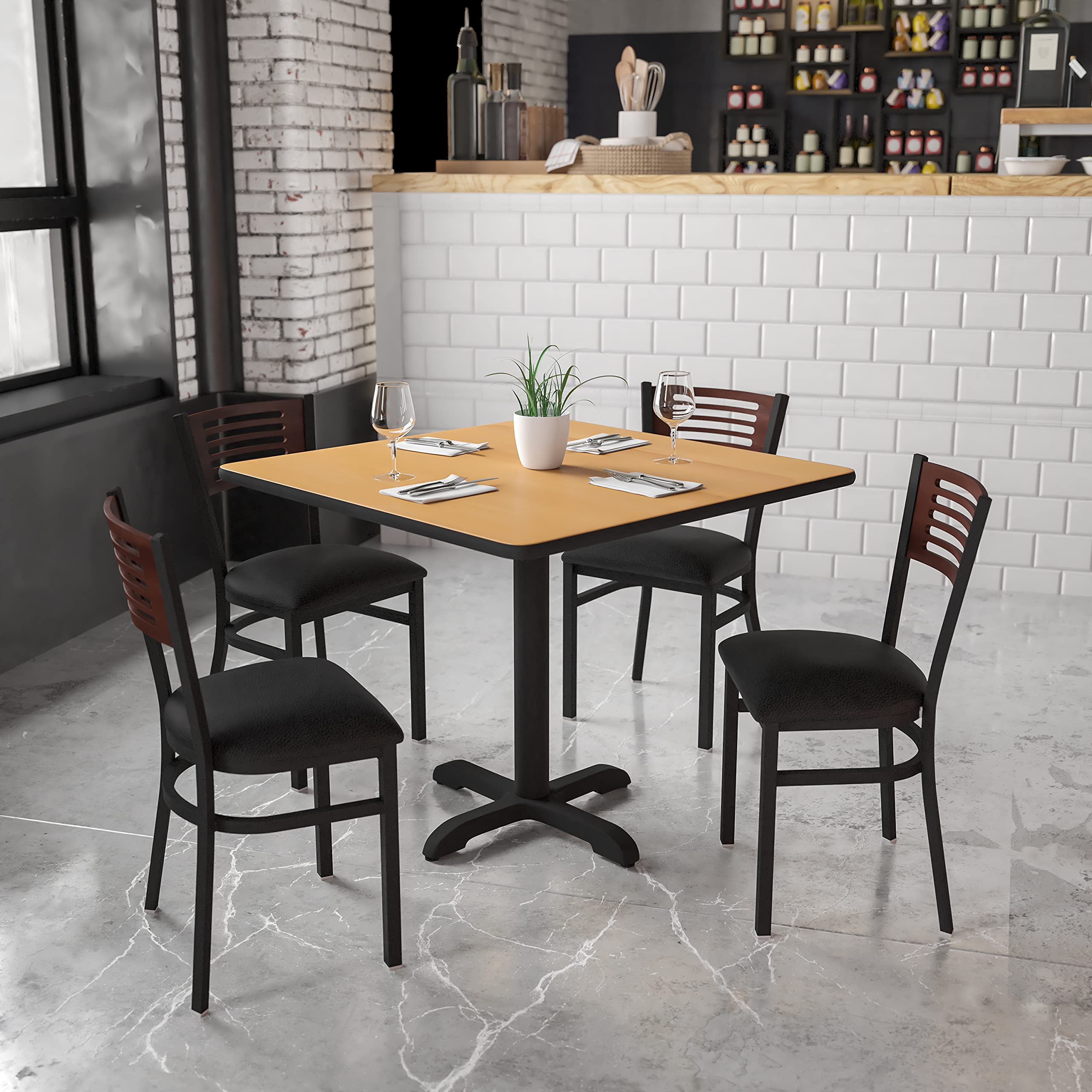 Flash Furniture Hercules Series Black Slat Back Metal Restaurant Chair - Walnut Wood Back, Black Vinyl Seat