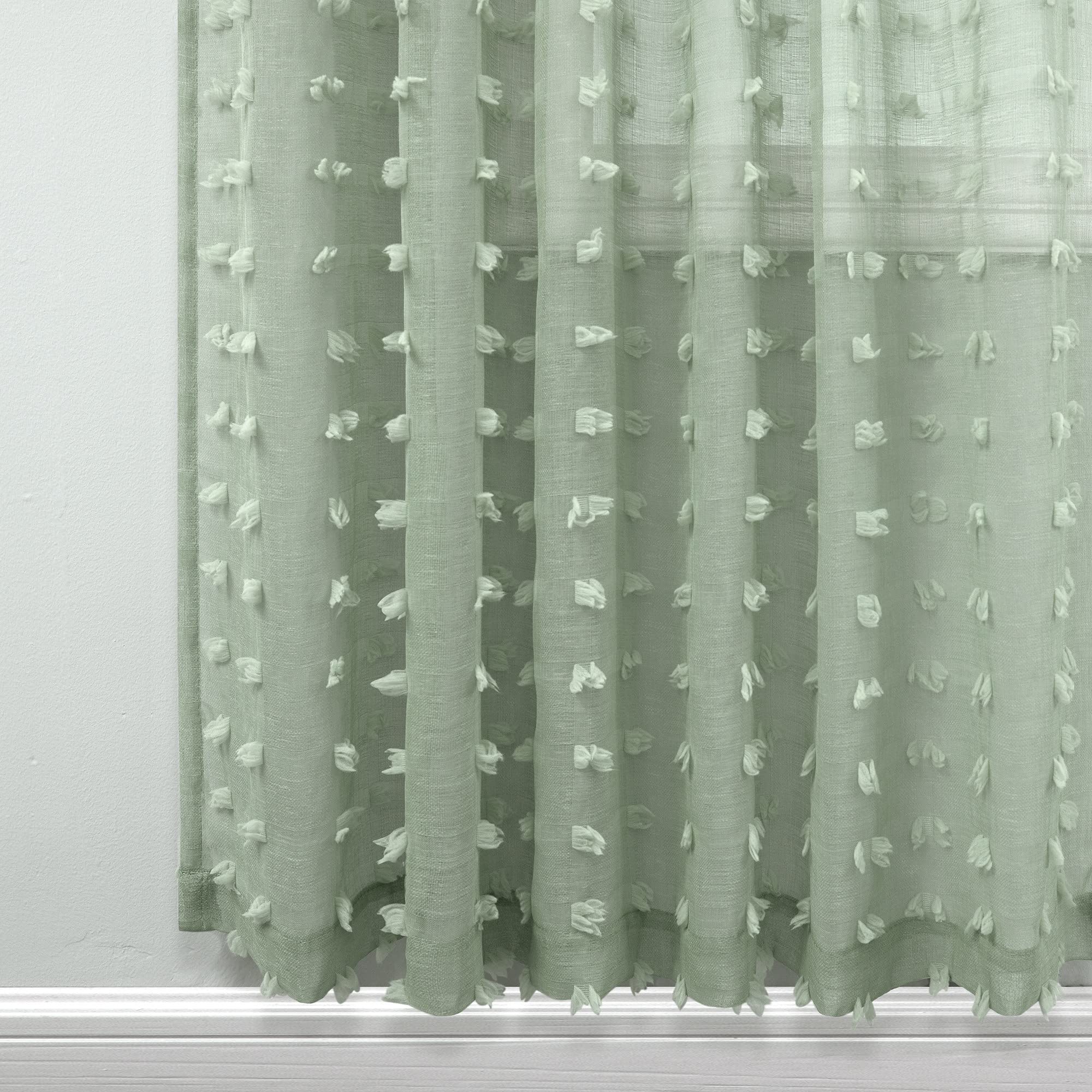 Koufall Sage Green Sheer Drapes Curtains 102 Inches Long For Living Room With Pom Pom Designer Patterned Curtains For Bedroom Window Set Of 2 Pieces,52X102 Inch Length