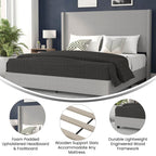 Flash Furniture Quinn Upholstered Platform Bed - Gray Channel Stitched Wingback Headboard - King - Mattress Foundation with Slatted Supports - No Box Spring Needed