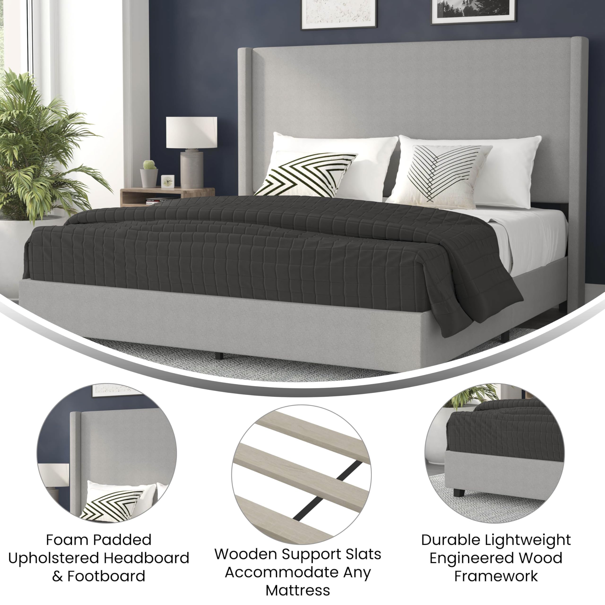 Flash Furniture Quinn Upholstered Platform Bed - Gray Channel Stitched Wingback Headboard - King - Mattress Foundation with Slatted Supports - No Box Spring Needed