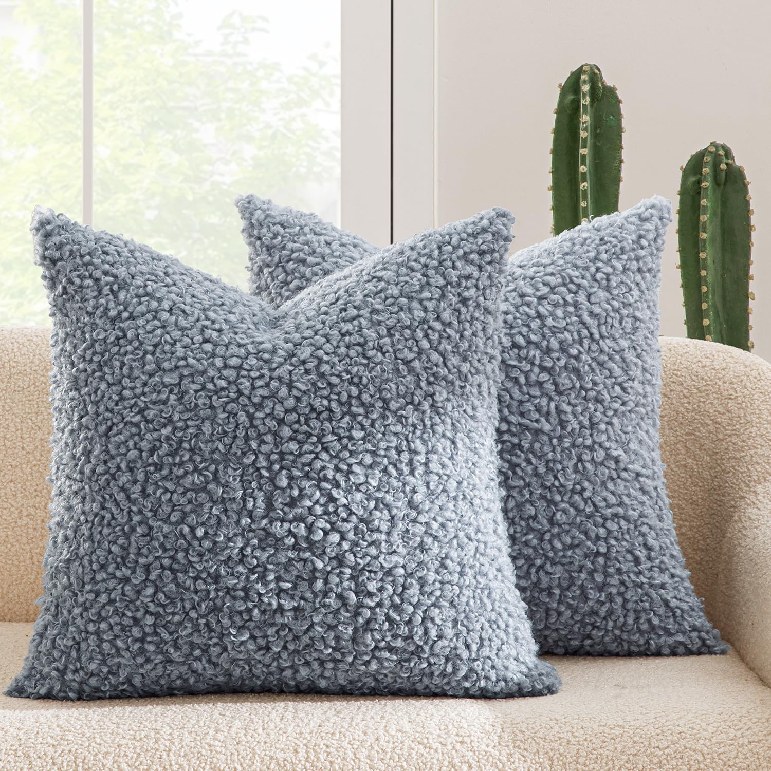 MIULEE Pack of 2 Dusty Blue Faux Fur Throw Pillow Covers 18x18 Inch Boucle Decorative Sherpa Pillow Covers Fuzzy Accent Soft She