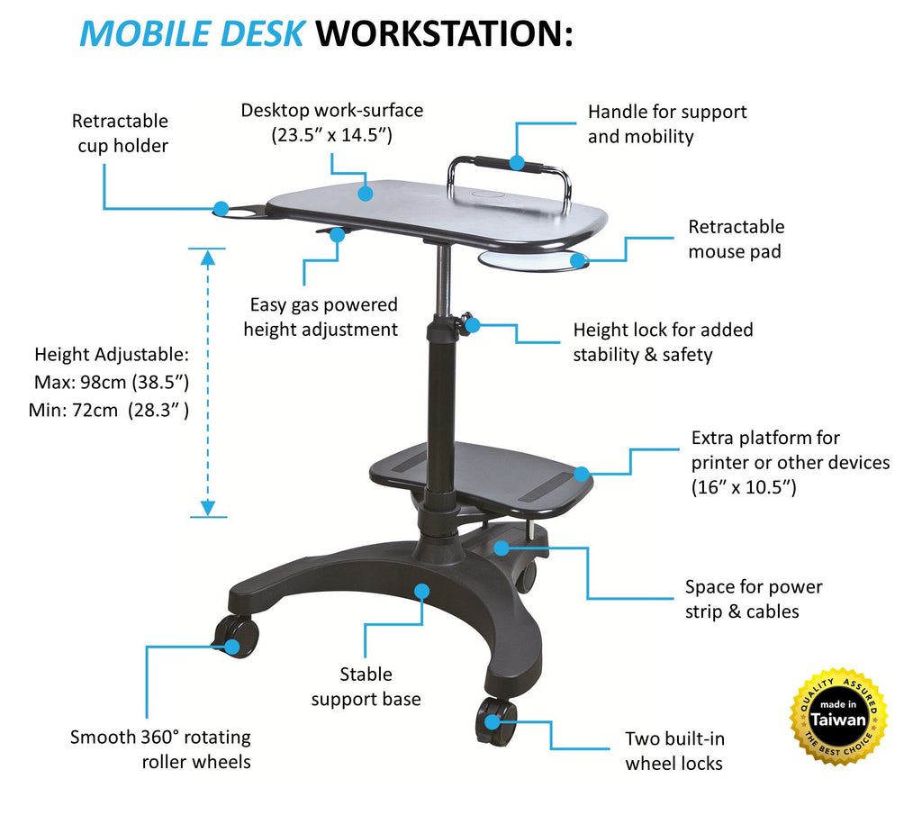 Aidata Ergonomic Sit-Stand Mobile Laptop Cart Work Station with Printer Shelf, Black, LPD009P