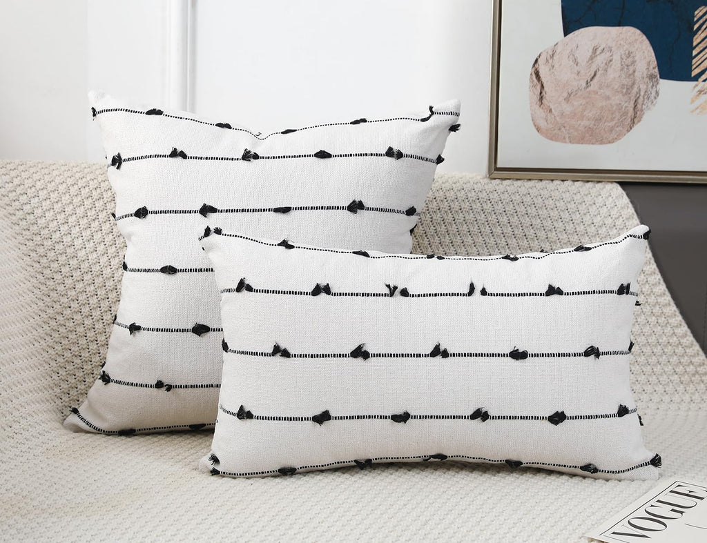 Nuyecy Set Of 2 Boho Throw Pillow Covers 30X30,Black Off White Neutral Couch Pillow Case With Tassel Fringe Decorative,Modern Ac