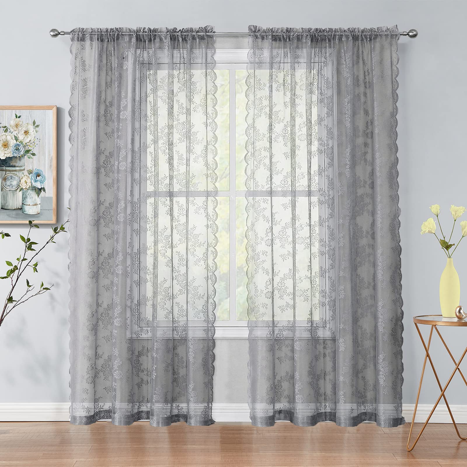 Sheer Lace Curtains For Bedroom Living Room 55 X 95 Inch Long Vintage Rose Floral Embroidery Grey Sheer Curtain Panels Light Fil