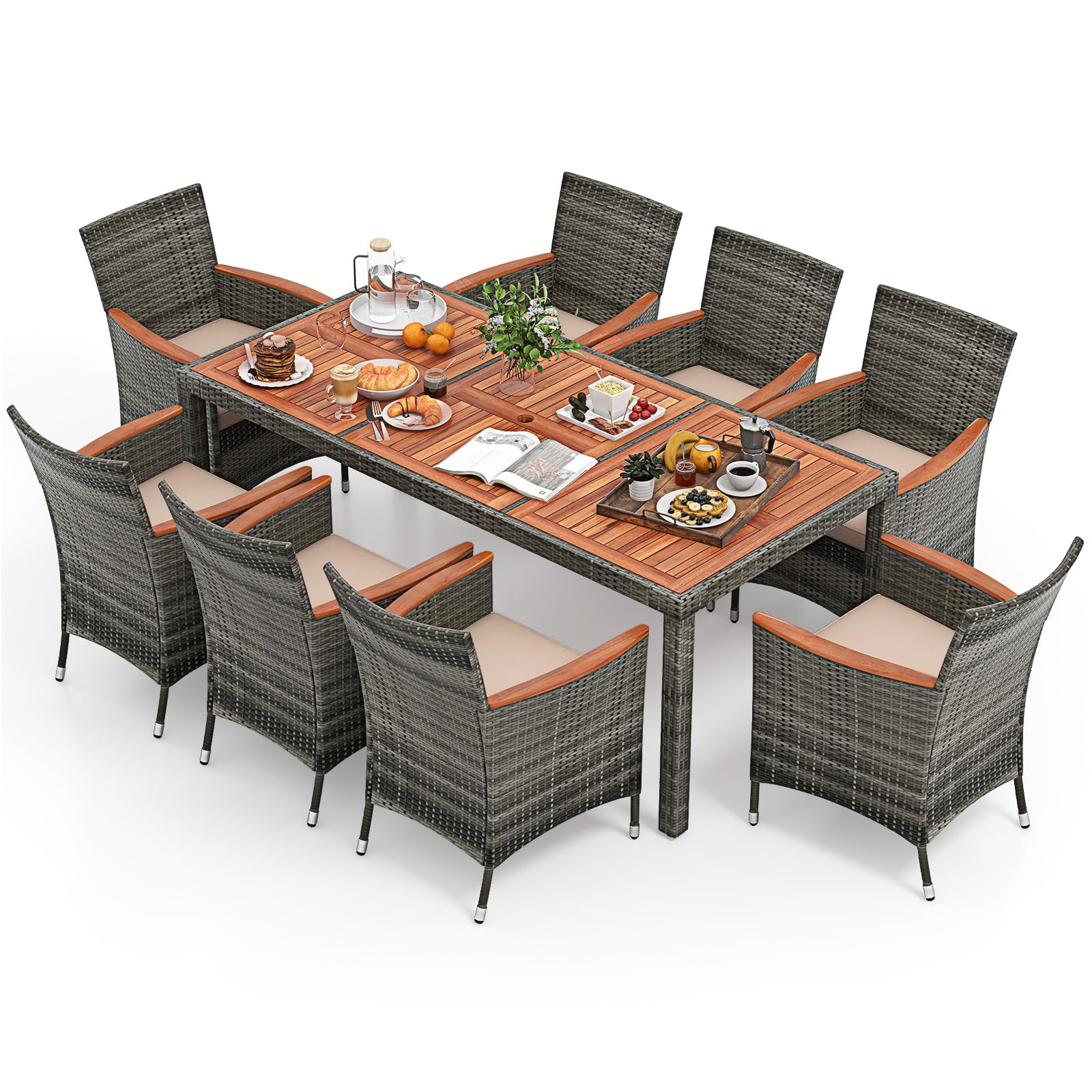 Oralner 9 Pieces Outdoor Dining Set, Patio Wicker Dining Table And Chairs Set With Acacia Wood Table Top, Seat Cushions, Rattan Dining Table Set For 8, Garden Yard Poolside Deck (Grey)