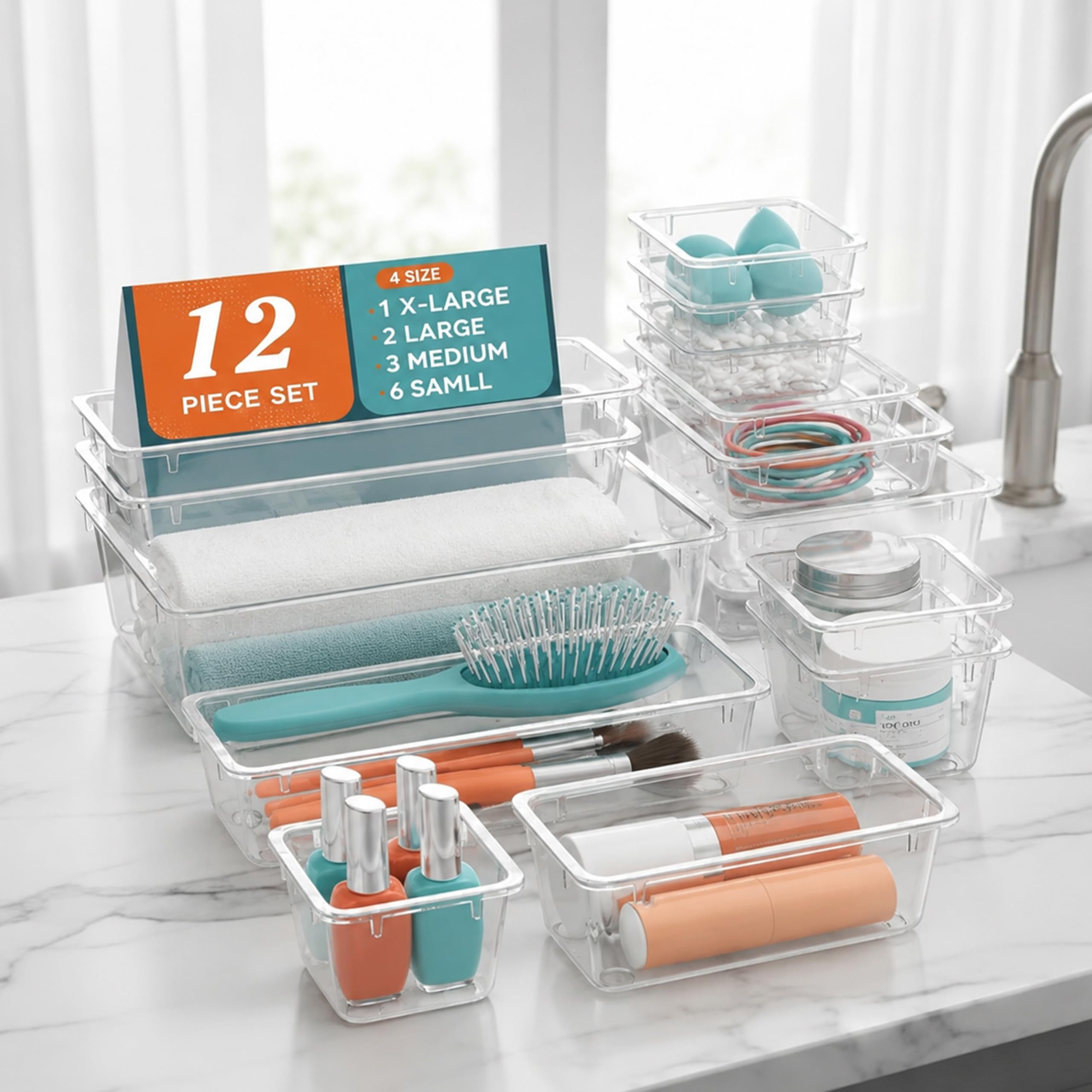 Kitchen Expert Transparent Drawer Organizer | For Makeup, Cosmetics, Jewellery, | Clear Plastic Storage Bins | MultiSize Drawer
