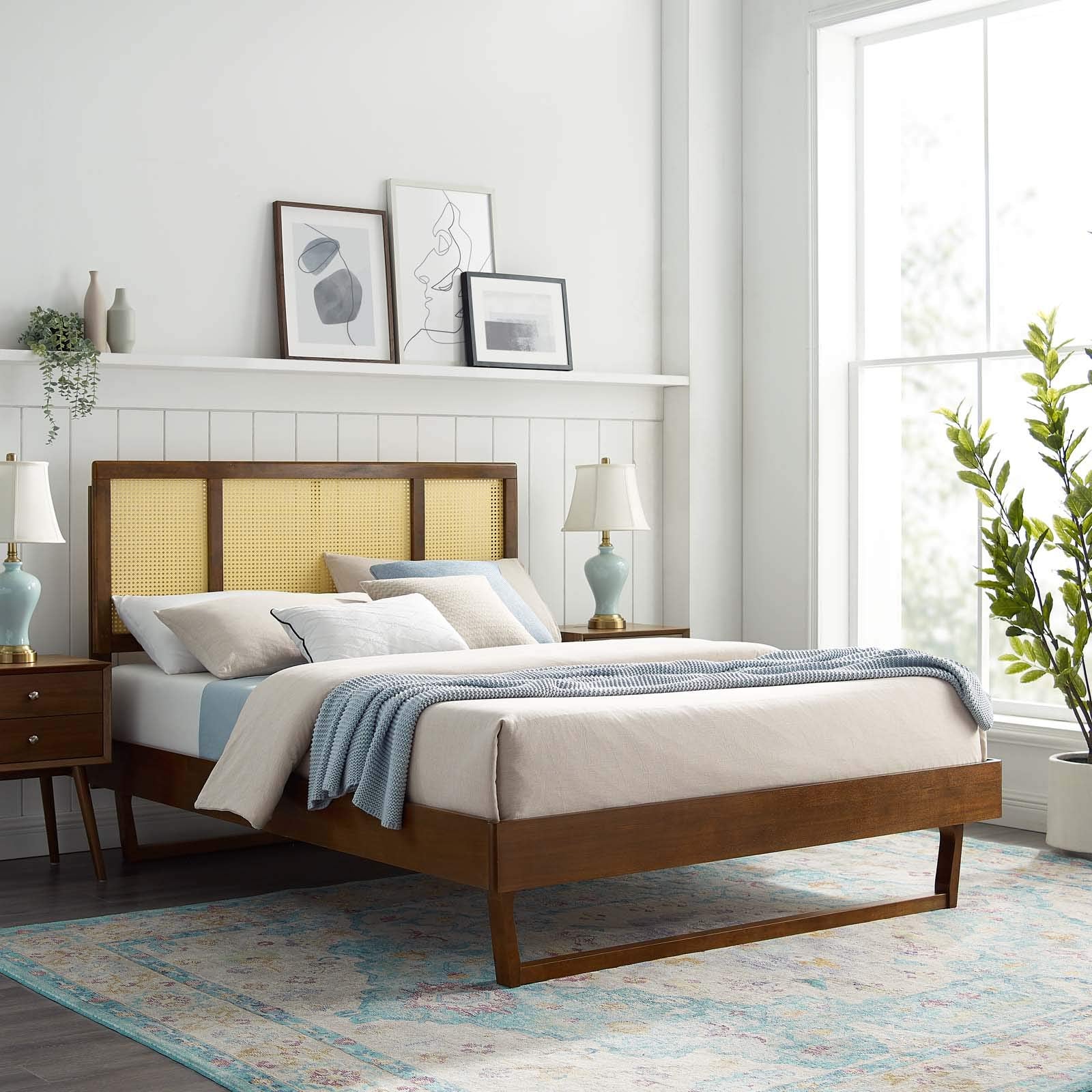 Modway Kelsea Cane And Wood King Platform Bed With Angular Legs In Walnut