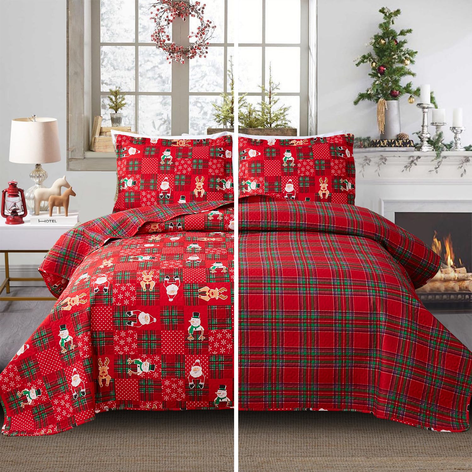 Smuge Christmas Bedspread Quilt Sets Queen Size - Reversible Santa Claus Snowman Elk Snowflake Plaid New Year Winter Holiday Cov