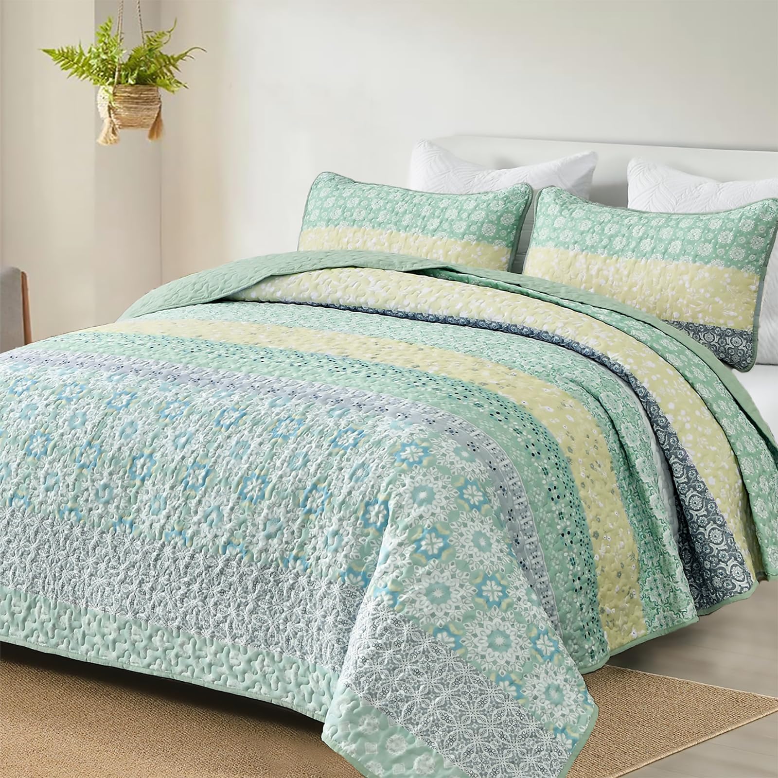 Wongs Bedding Boho Quilt Set Queen, Sage Green Bohemian Striped Patchwork Summer Bedspread Coverlet Set With 2 Pillowcases,Light