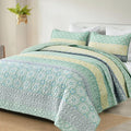 Wongs Bedding Boho Quilt Set King, Sage Green Bohemian Striped Patchwork Summer Bedspread Coverlet Set With 2 Pillowcases,Lightw