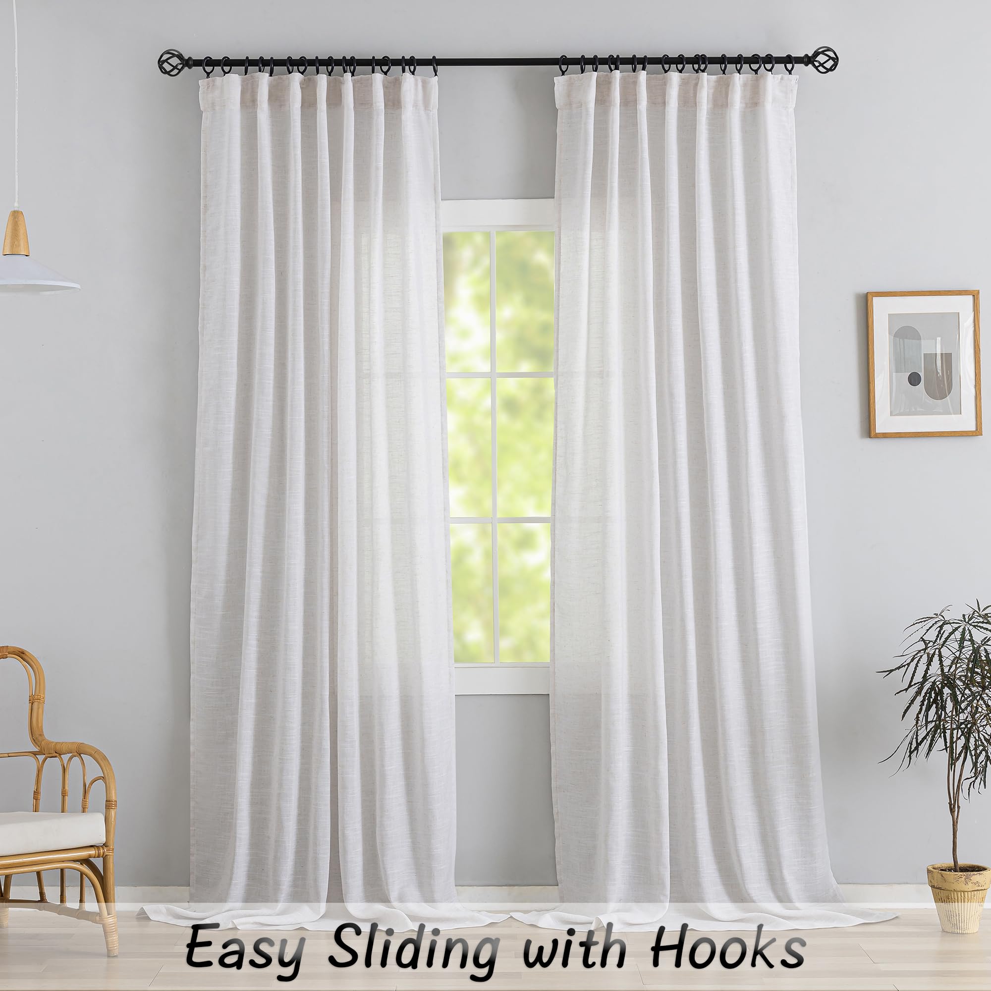 White With Linen Back Tab Curtains 84 Inches Long 2 Panels Set For Bedroom - Modern Farmhouse Hooks Belt Pleated Semi Privacy Drapes Shabby Chic Pocket Light Filtering Window Curtains W52 X L84