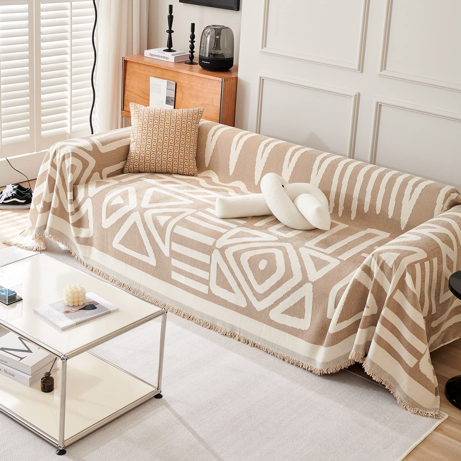Handontime Sofa Covers For Sectional Sofa Set Boho Couch Cover For Dogs Khaki Throw Couch Cover With Tassel Loveseat Covers Futon Cover L Shaped Cover Washable Chenille Couch Protector, 71' X134'