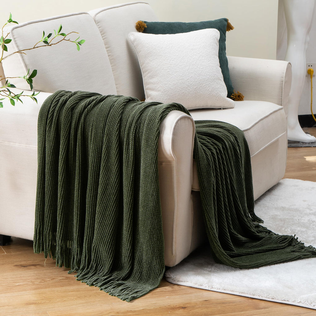 Battilo Home Olive Green Throw Blanket For Couch, Soft Chenille Knit Throws With Tassels For Home Decor, Green Throws For Couch