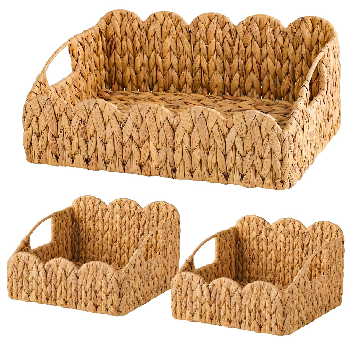 Lemonroad Scalloped Basket Set of 3, Handwoven Rattan Storage Baskets