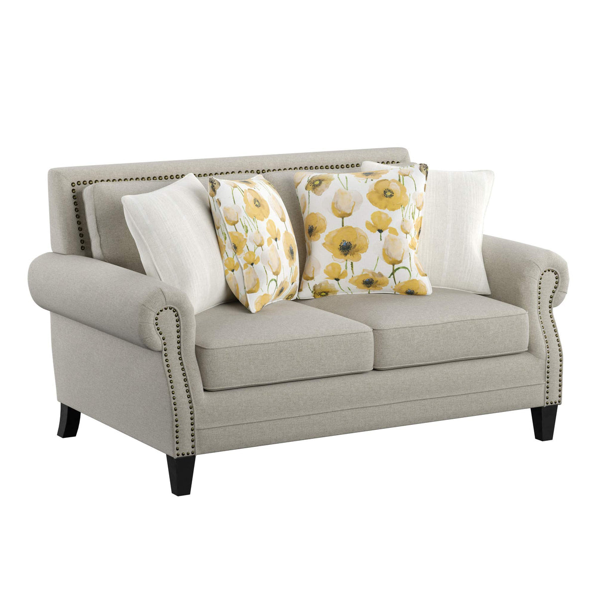 Madrona Burke Mia Saxon Beige Loveseat with Rolled Arms, Nail Head Trim, and Wood Legs