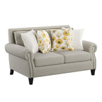 Madrona Burke Mia Saxon Beige Loveseat with Rolled Arms, Nail Head Trim, and Wood Legs
