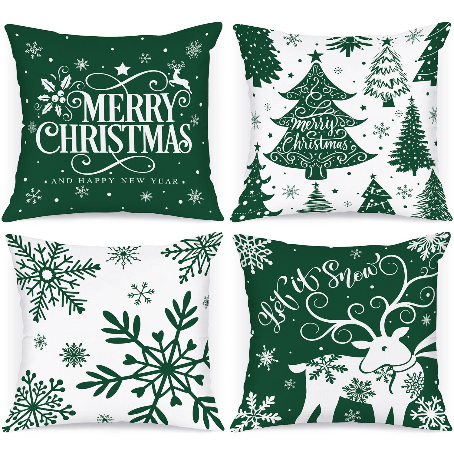 Lanpn White And Green 20X20 Christmas Pillow Covers Set Of 4, Decorative 20 Inch Winter Snowflake Throw Pillow Case Xmas Cushion