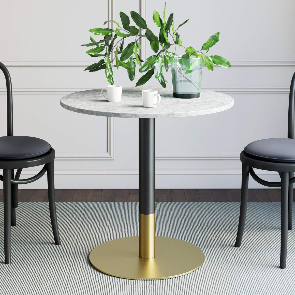 Nathan James Bistro Lucy Small Mid-Century Modern Kitchen Or Dining Table With Faux Carrara Marble Top And Brushed Metal Pedesta