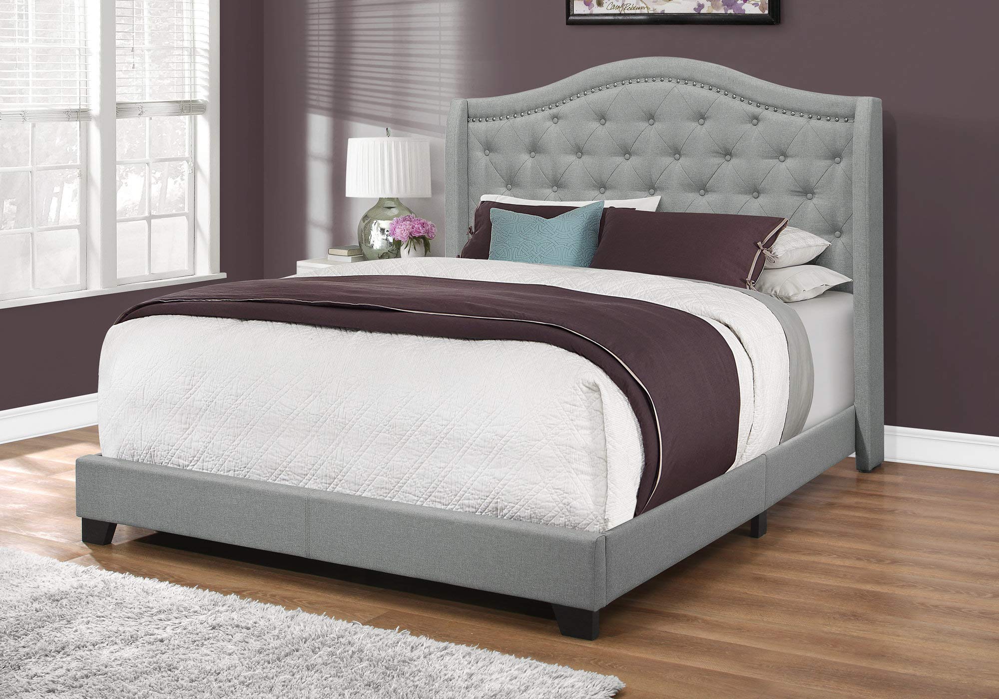 Monarch Specialties I Size/Grey Linen with Chrome Trim Queen Bed,