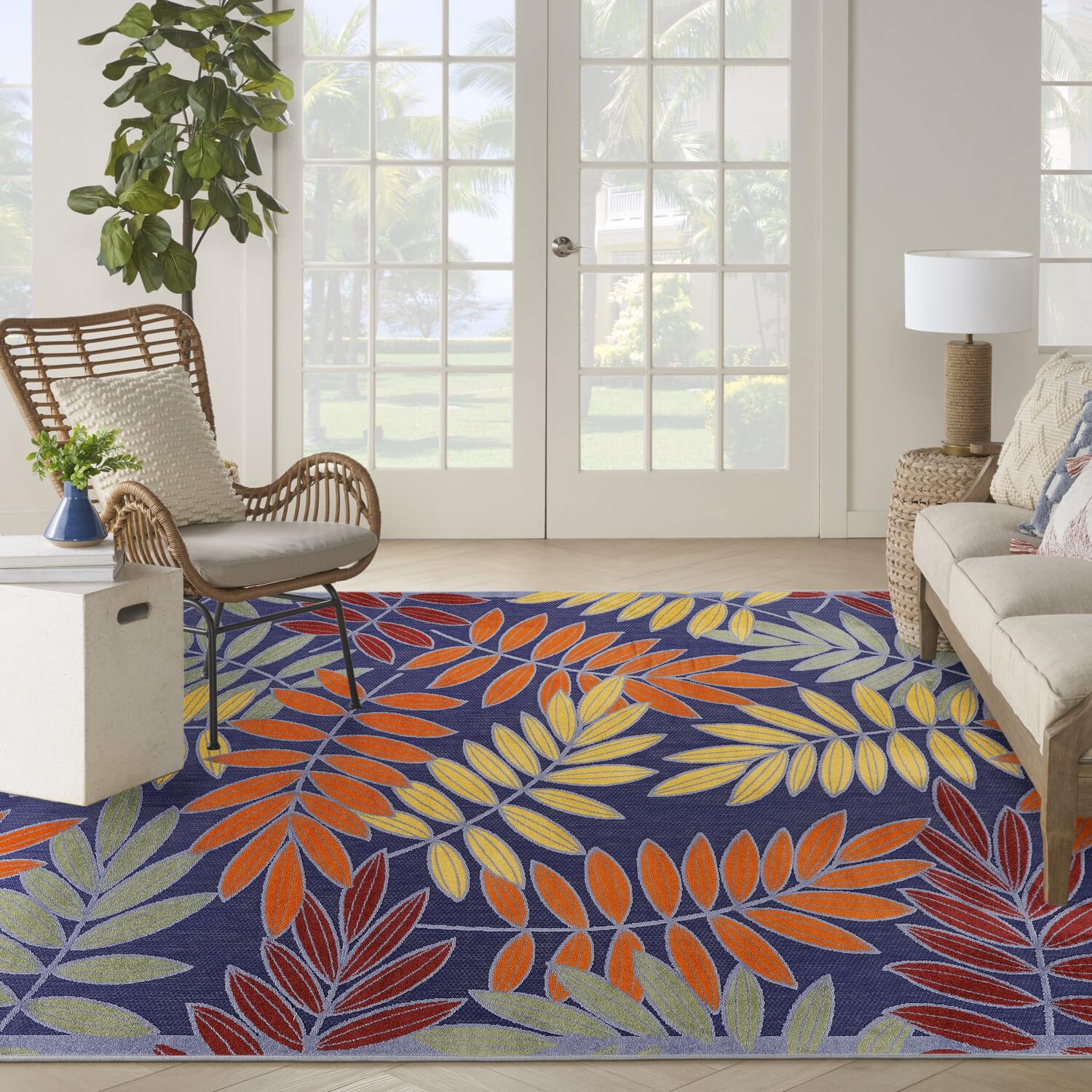 Nourison Aloha Indoor/Outdoor Navy Multicolor 7'10' X 10'6' Area Rug, Easy Cleaning, Non Shedding, Bed Room, Living Room, Dining Room, Backyard, Deck, Patio (8X11)