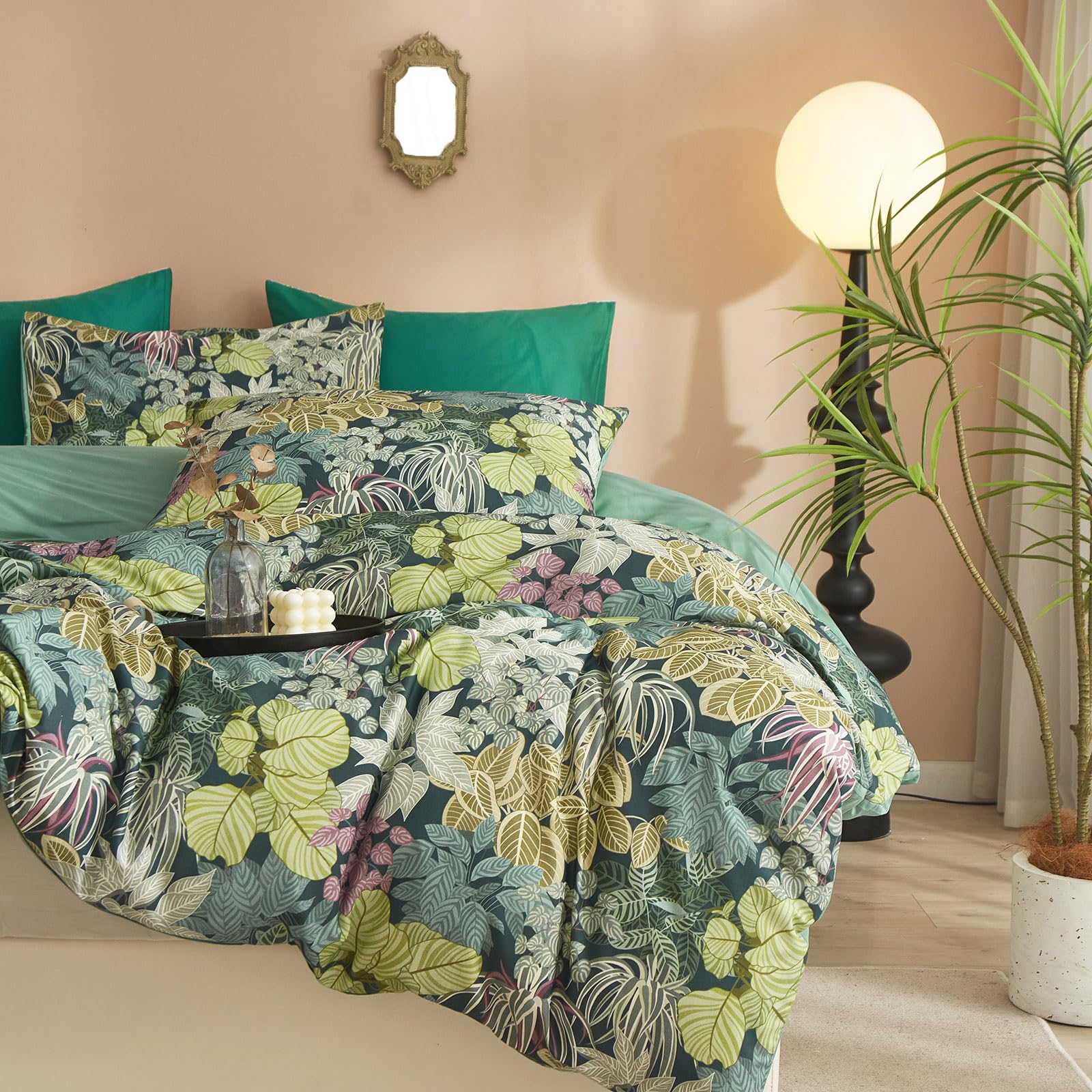 Mixinni Tropical Multicolored Leaves Print Duvet Cover 2 Pillowcases Botanical King Size Floral Duvet Cover Set Soft Cotton Bedd