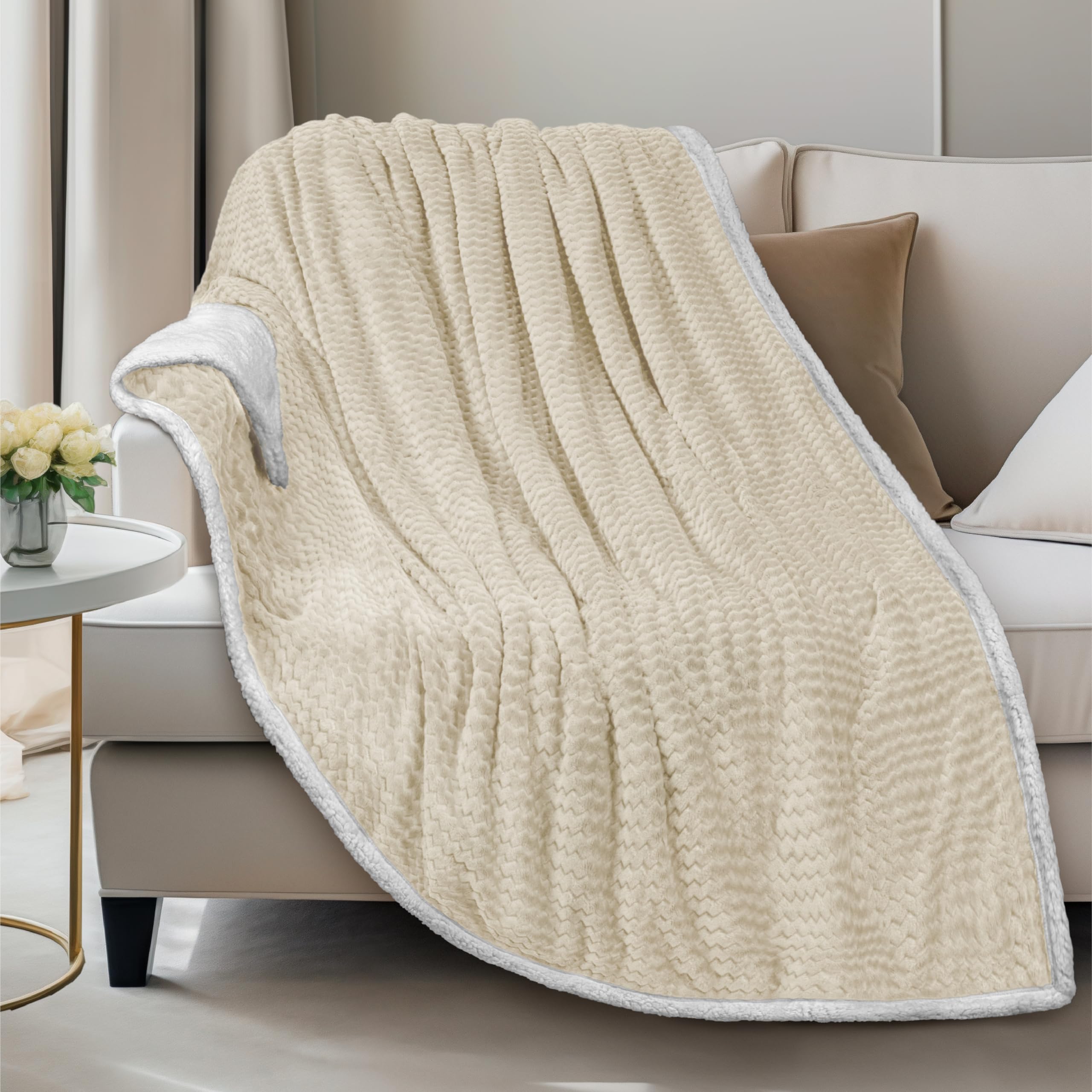 Pavilia Cream Couch Blanket Throw Reversible Sherpa Chevron, Soft Cozy Jacquard Weave Textured Blanket For Sofa Bed, Thick Warm