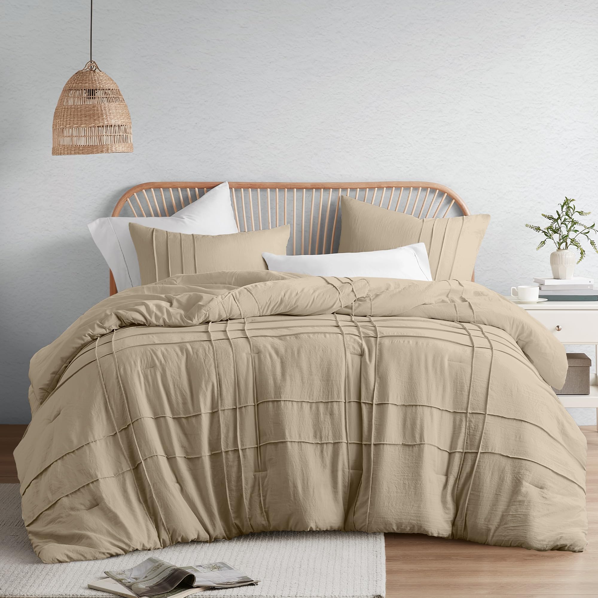 Comfort Spaces Khaki King Size Comforter Set - 3 Pieces Pintuck Pleated Bedding Sets, All Season Lightweight, Extra Softness Pre