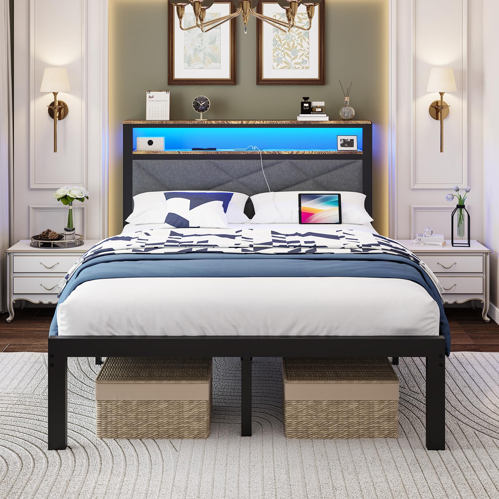 ChicZhiNest Twin Bed Frame with Charging Station, LED Lights, Heavy Duty Metal Slats, Headboard with Upholstered Back and Storag